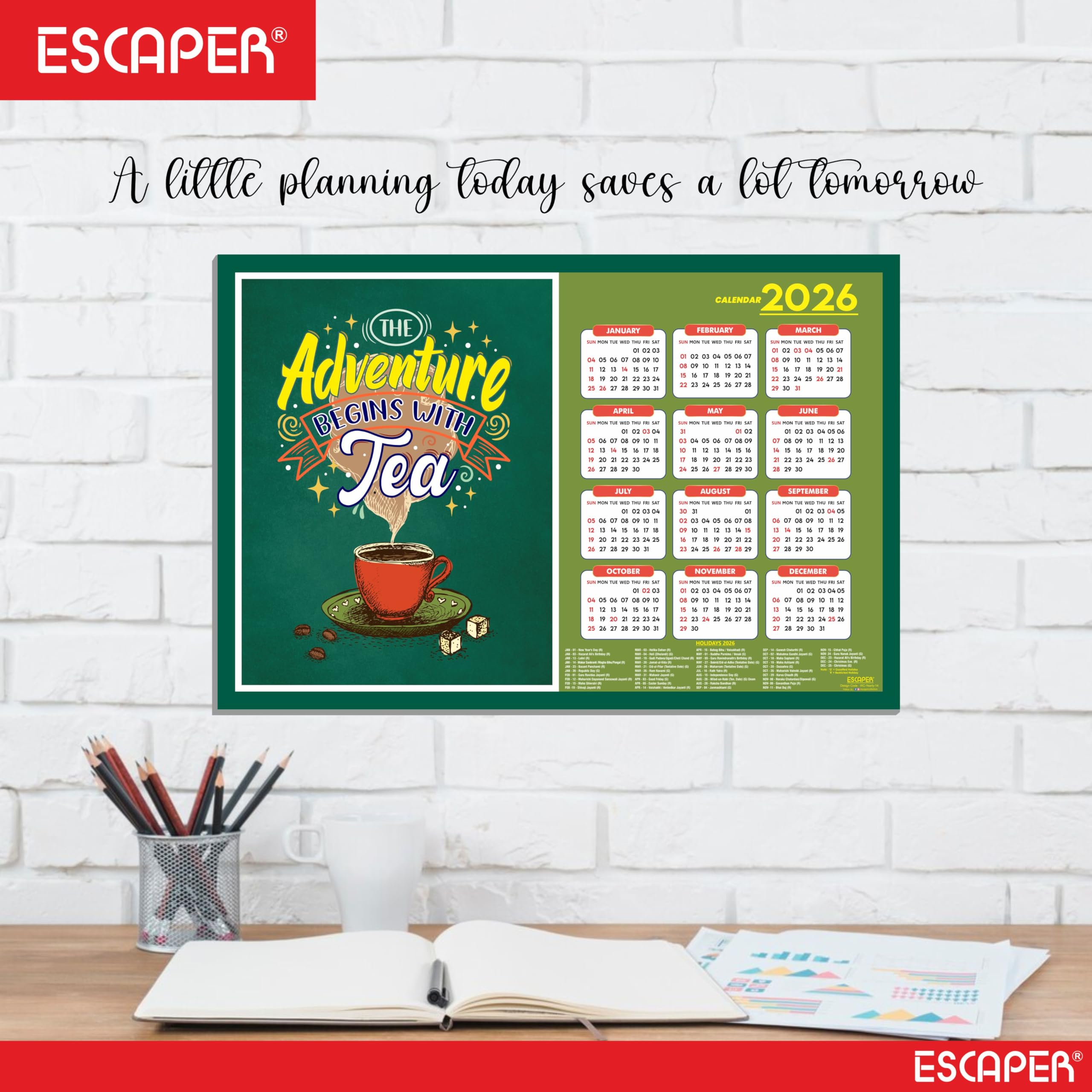 ESCAPER Tea Lovers - Calendario de pared 2026 – 12 x 18 pulgadas, papel laminado de 300 g/m², calendario autoadhesivo de una sola página para decoración de oficina, hogar y cafetería, regalo perfecto