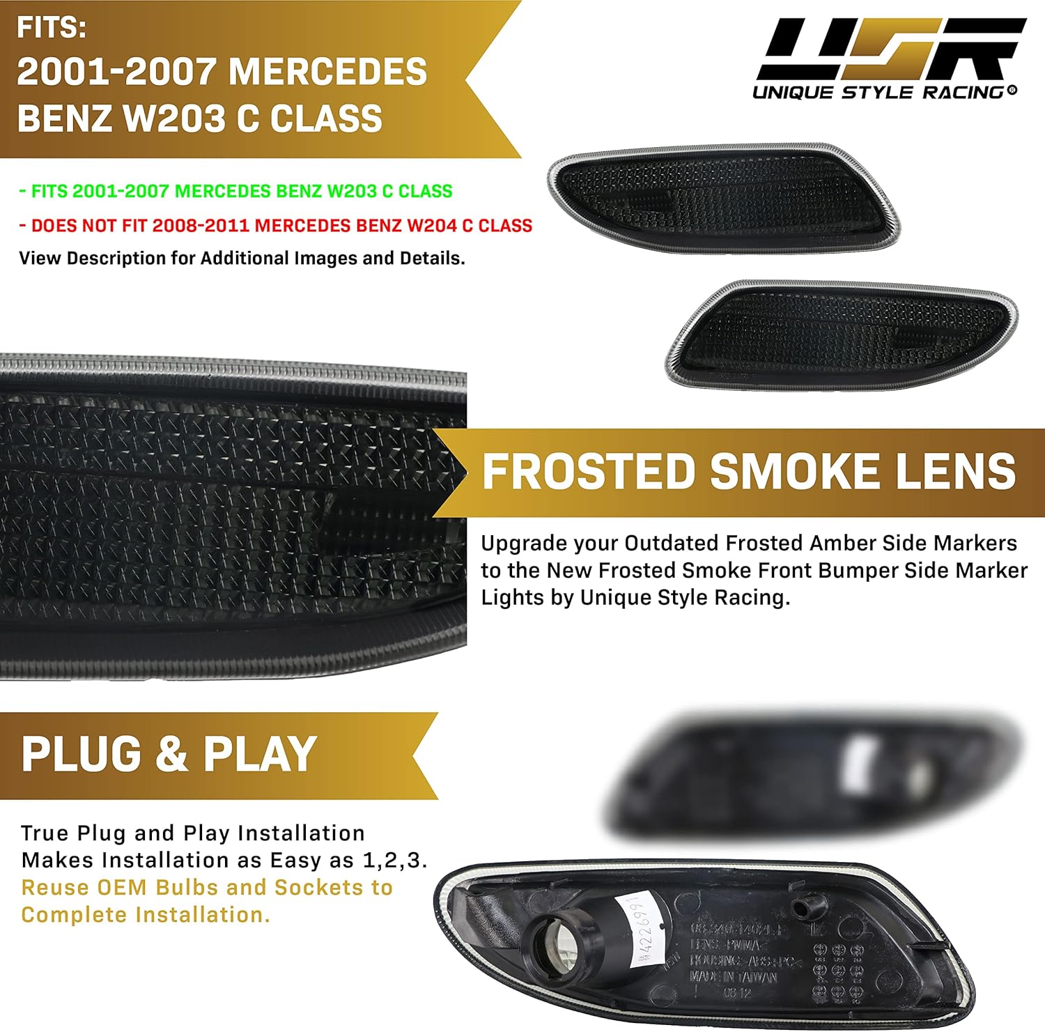 USR DEPO 01-07 W203 C-Class Smoke Bumper Side Marker Light Assembly Set (Left + Right) Compatible For 2001-2007 Mercedes Benz W203 C Class