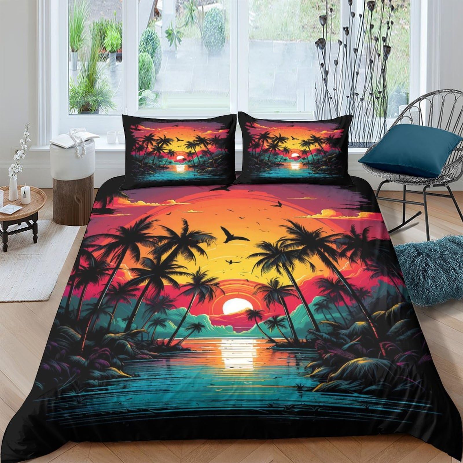 Ctjqhvkz Style-2 3D Printed Tropical Sunset Fitted Sheet Microfiber Soft Breathable Palm Beach Mattress Cover For Bedroom Dorm Home Decor Single（135X200cm）