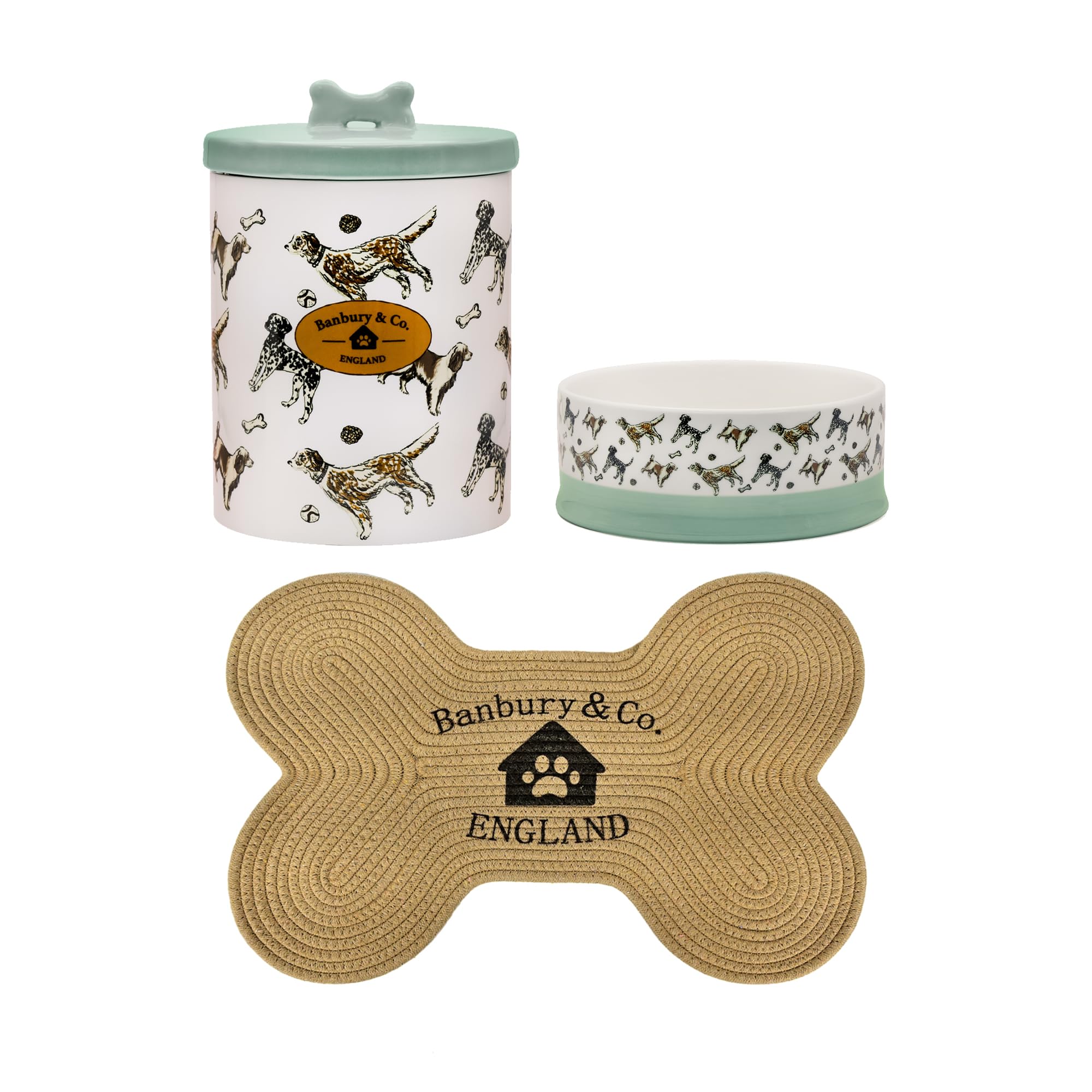Banbury & Co Dog Feeding Station Gift Set | Set of 2 Ceramic Dog Bowls (400ml) with 1.6L Treat Jar, Dishwasher Safe | Durable Bone-Shaped Jute Rope Feeding Mat — image 1