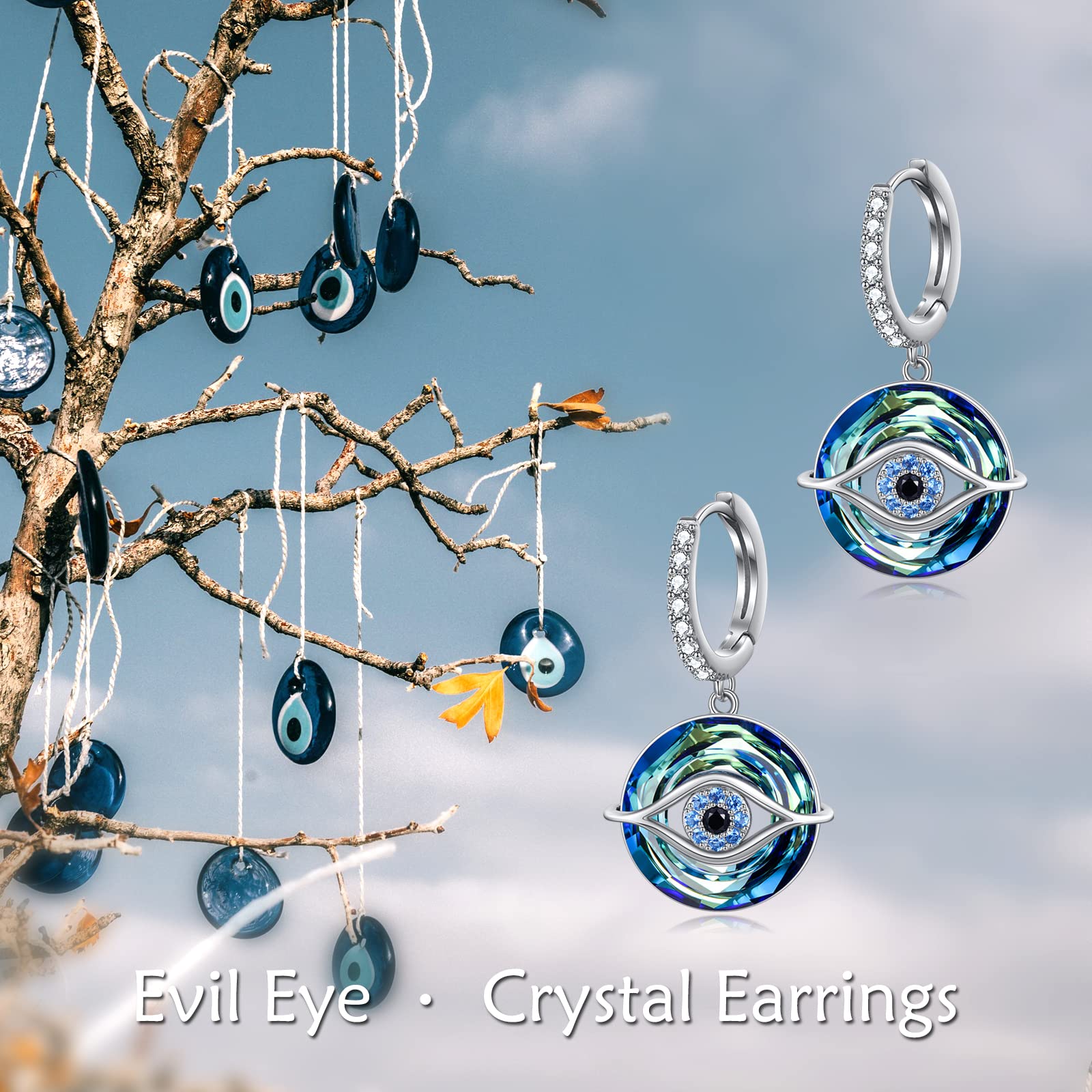TOUPOP Pendientes de aro de mal de ojo para mujer, aretes de plata de ley 925 con gota de ojo con cristal azul, joyería de mal de ojo para mujer, Plata de ley, Crystal