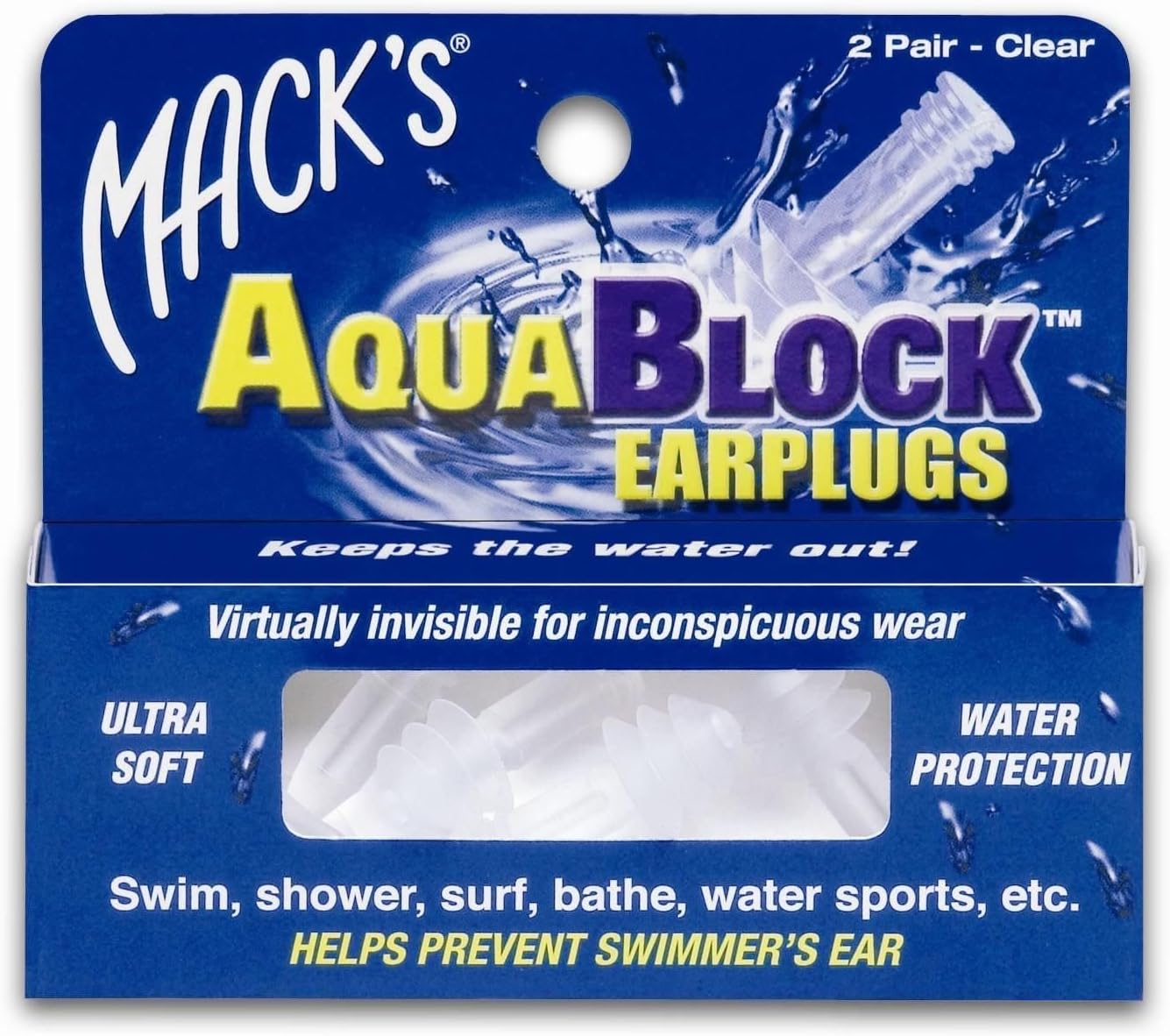 Mack's Clear Aquablock Earplugs 2 Pair - Swim/Shower/Surf/Bathe/Water Sports
