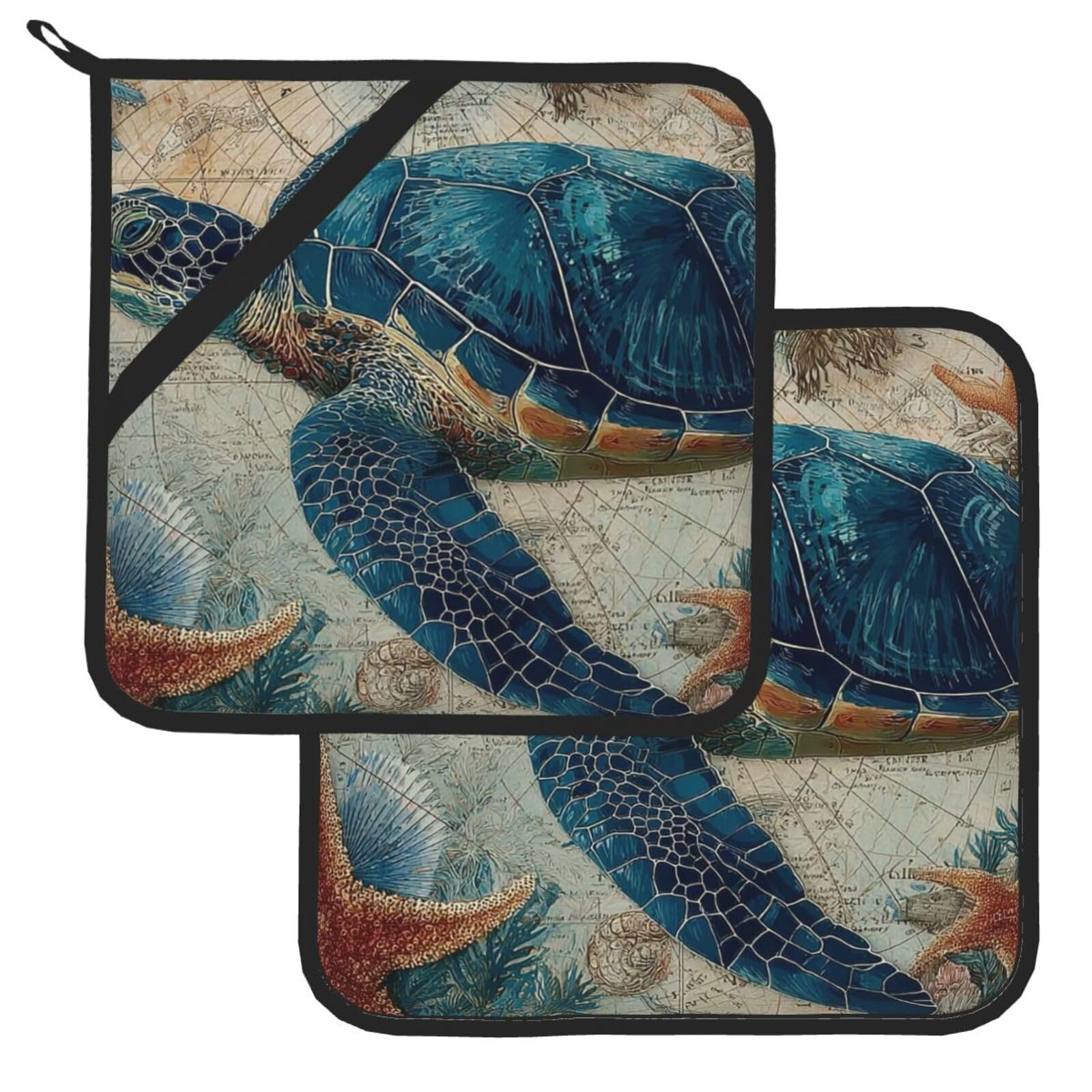 Pot Holder Set of 2 Heat Resistant Kitchen Potholders Ocean Sea Turtle Pot Holders Kitchen Trivets with Hanging Loops Washable Oven Hot Pads for Cooking Baking BBQ