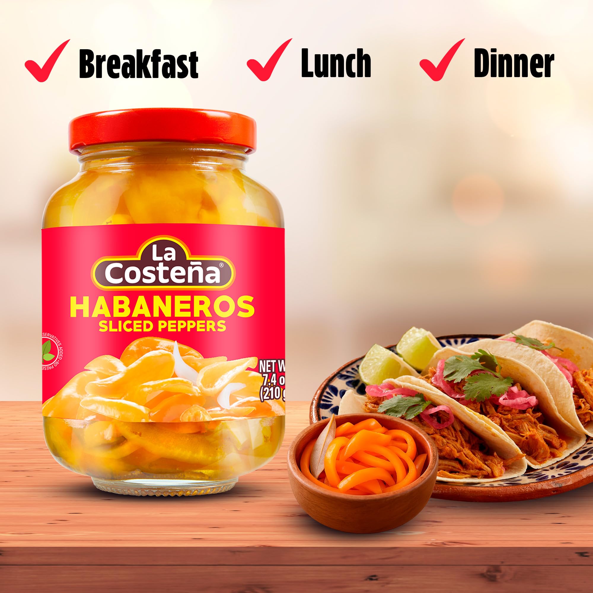 La Costeña Sliced Habanero Pepper for Mexican Food, Mango Habanero Salsa, Guacamole, Enchiladas, Spicy Nacho & Taco Toppings - Hot Pickled Vegetables - 10x Spicier than Jalapeños - 7.4 oz, 1 Pack