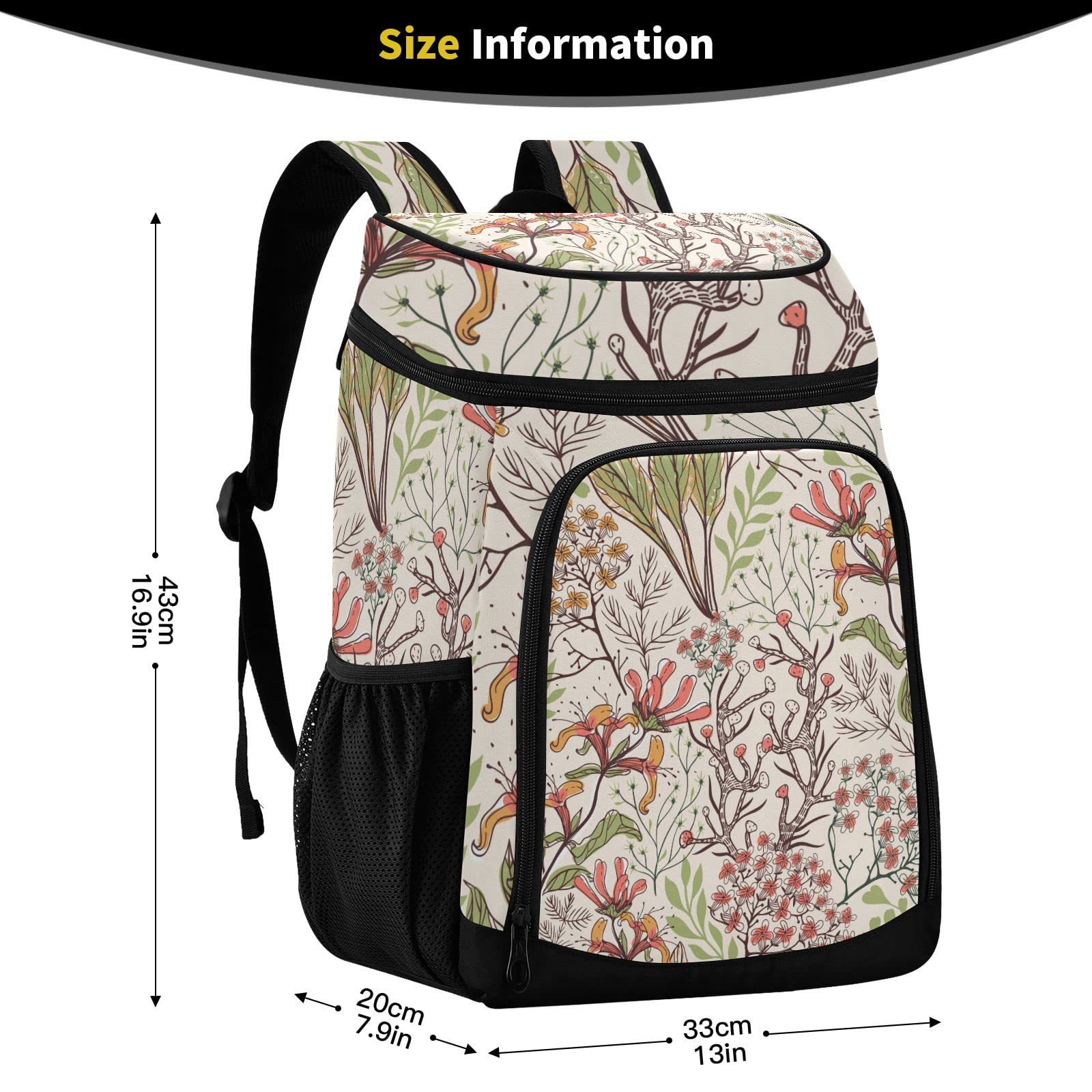 susiyo Hand Drawn Plants and Floral Insulated Cooler Backpack, Large Capacity 30 Cans Lunch Cooler Bag for Picnic Travel
