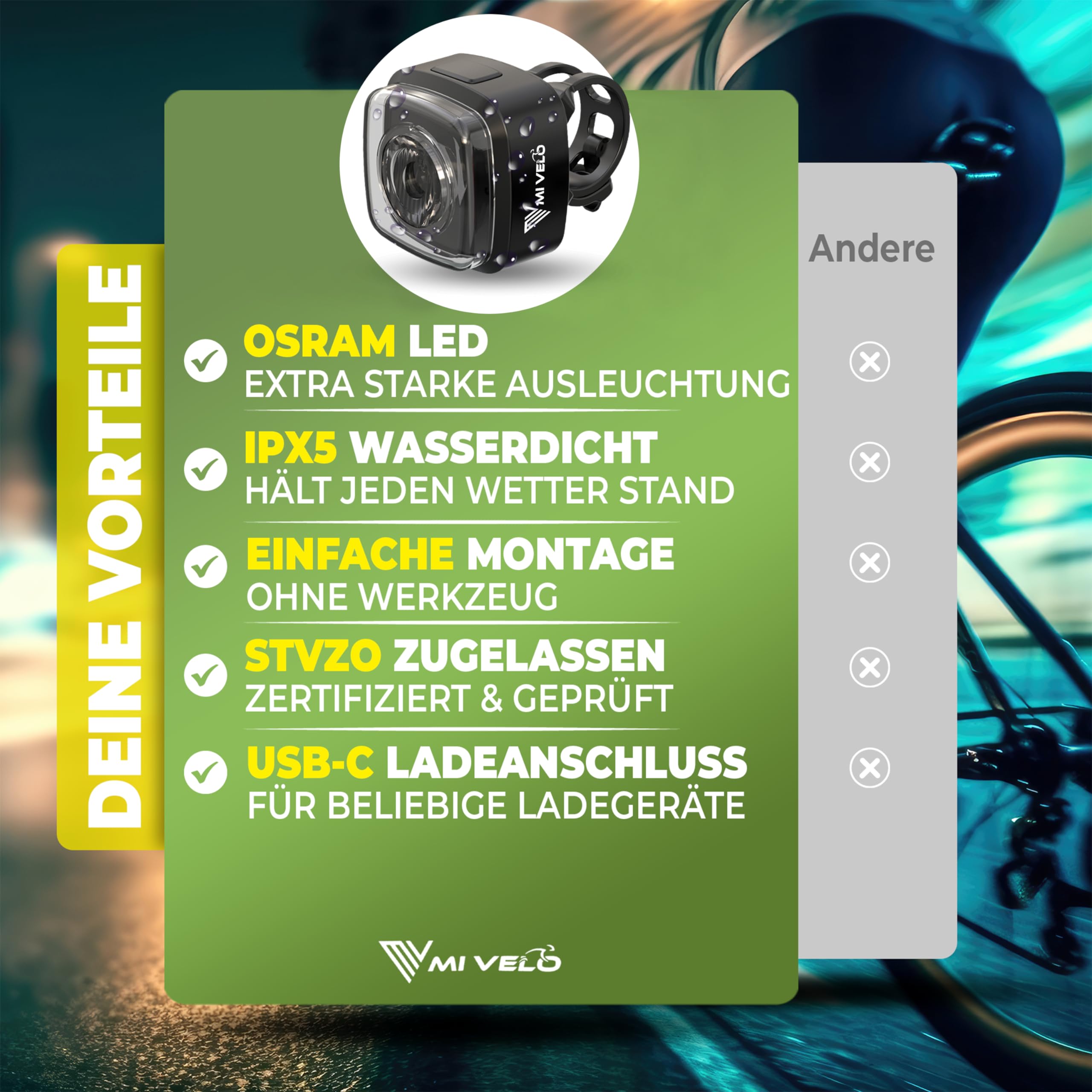 Phare Avant Vélo MIVELO Cube One – USB Rechargeable, étanche IPX5, Homologué StVZO