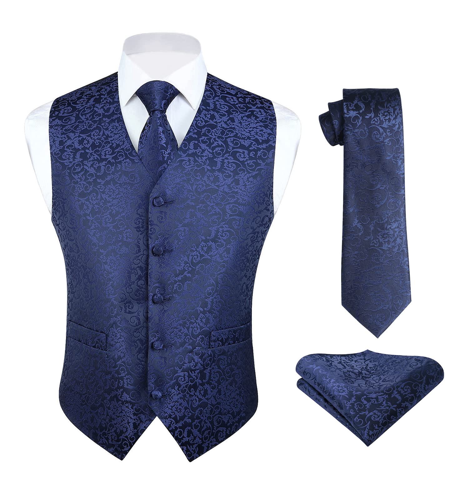 hisdern Men's Classic Paisley Floral Jacquard Waistcoat & Necktie and Pocket Square Vest Suit Set-picture-28