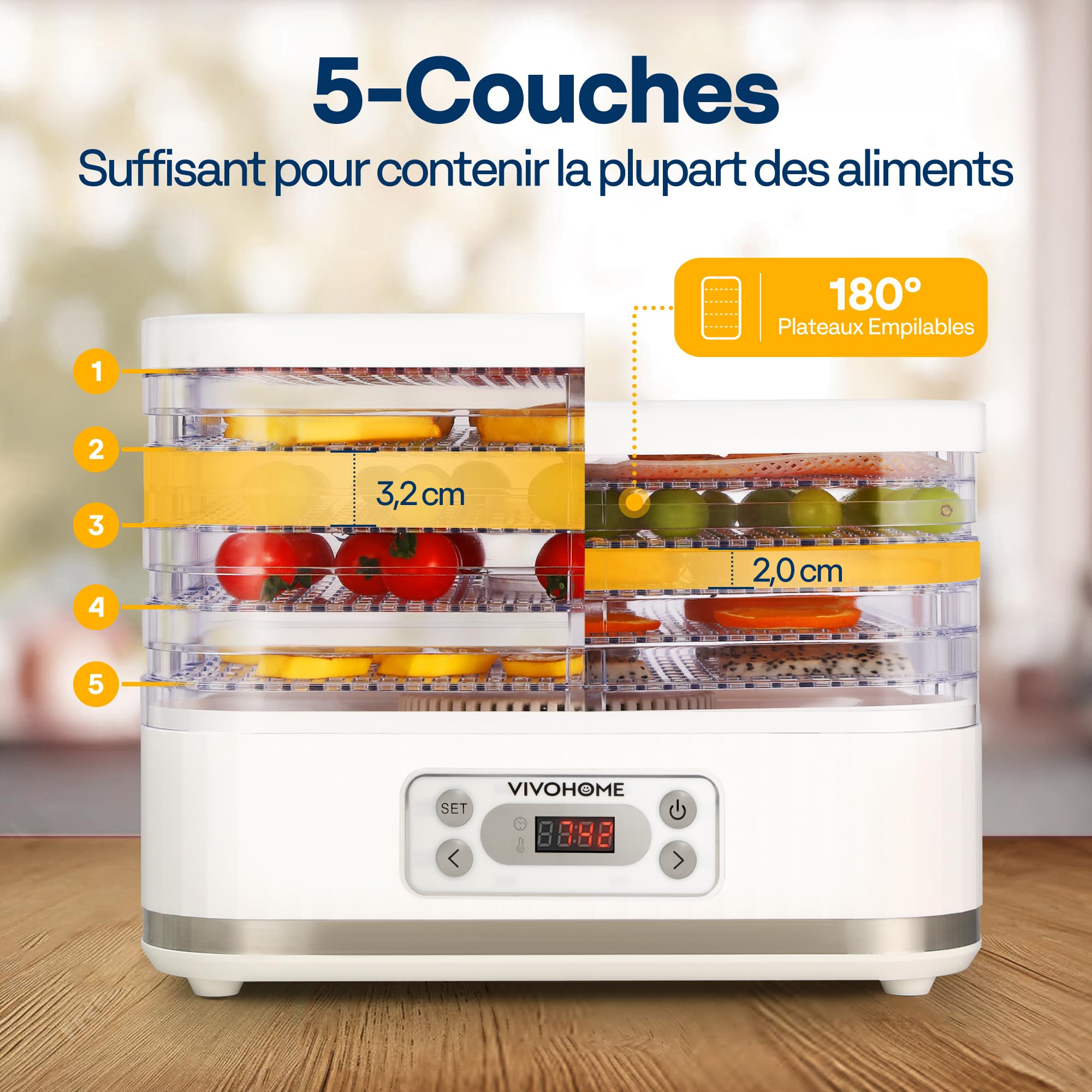 VIVOHOME Déshydrateur Alimentaire Séchoir 5 Plateaux 400W sans BPA, Température Réglable 35°C-70°C avec Minuterie 72h Lyophilisateur pour Fruits Séchés Viande Légumes Champignons Blanc