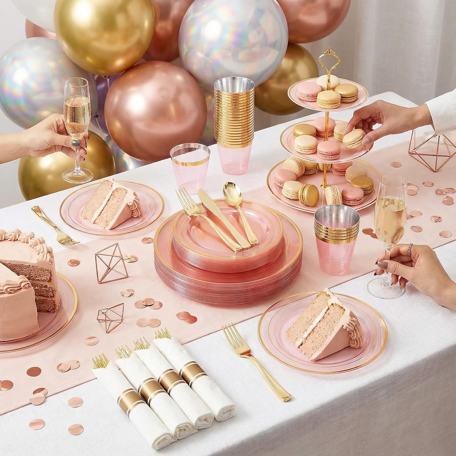 WELLIFE 210Pcs Clear-Pink Plastic Dinnerware- Pink and Gold Plastic Dinnerware include 30 Dinner Plates, 30 Dessert Plates, 90 Gold Silverware, 30 Cups and 30 Napkins Perfect for Parties - Image 5