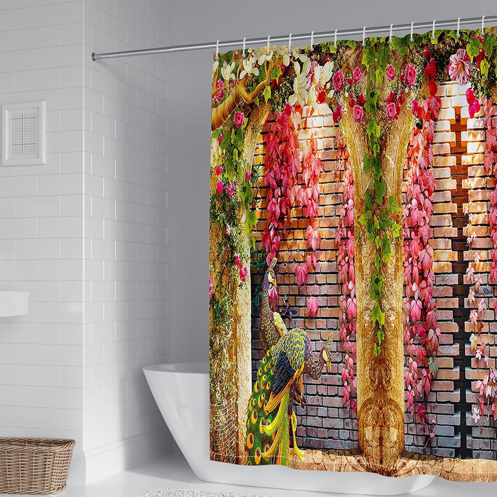 Cortinas de ducha para baño, lindas cortinas de ducha únicas de pared de árbol y pavo real, de poliéster rosa y marrón, 66 x 80 pulgadas