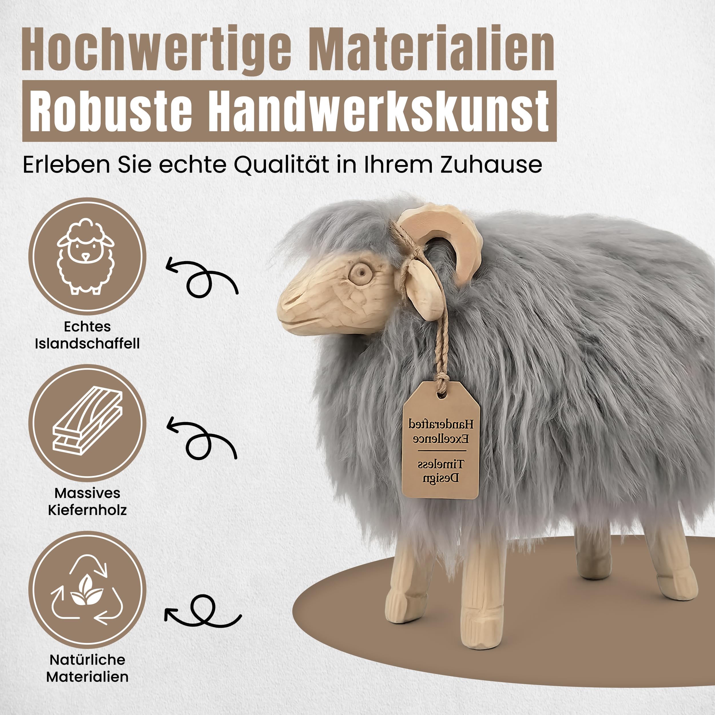 Schafhocker – Handgefertigtes Dekoelement, Körper aus Fichtenholz, Kopf und Geweih aus Lindenholz, nordische Skandi-Deko, einzigartige Geschenkidee, M, hellgrau