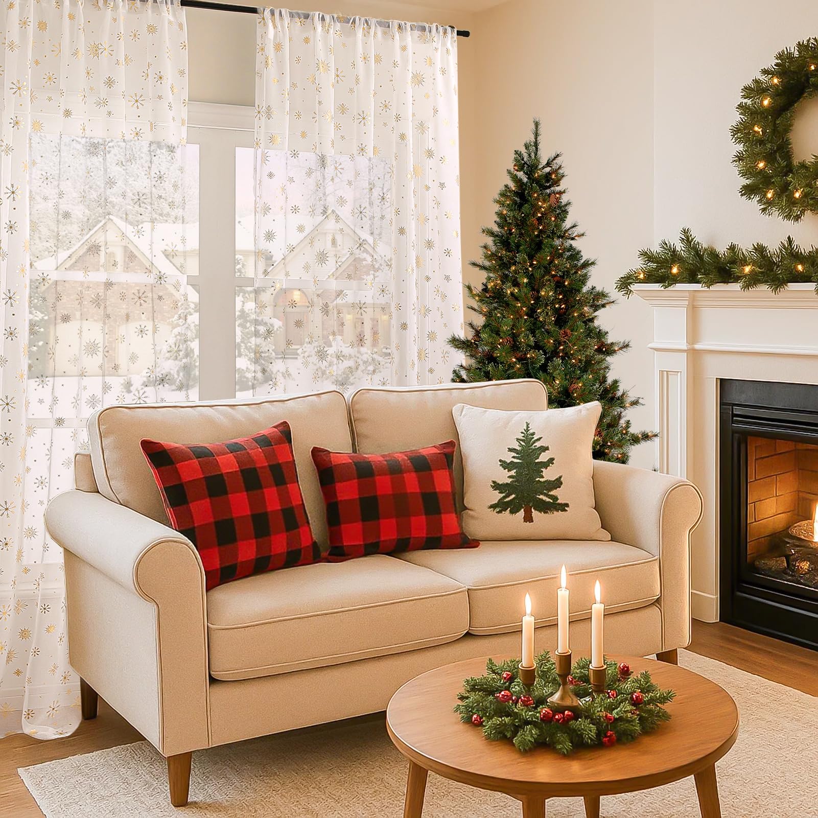 Lot de 2 Rideaux de Noël, Rideaux Voilage Blanc Transparents | 140x260cm Rideaux Décorations Festives pour Salon, Chambre, Fenêtres