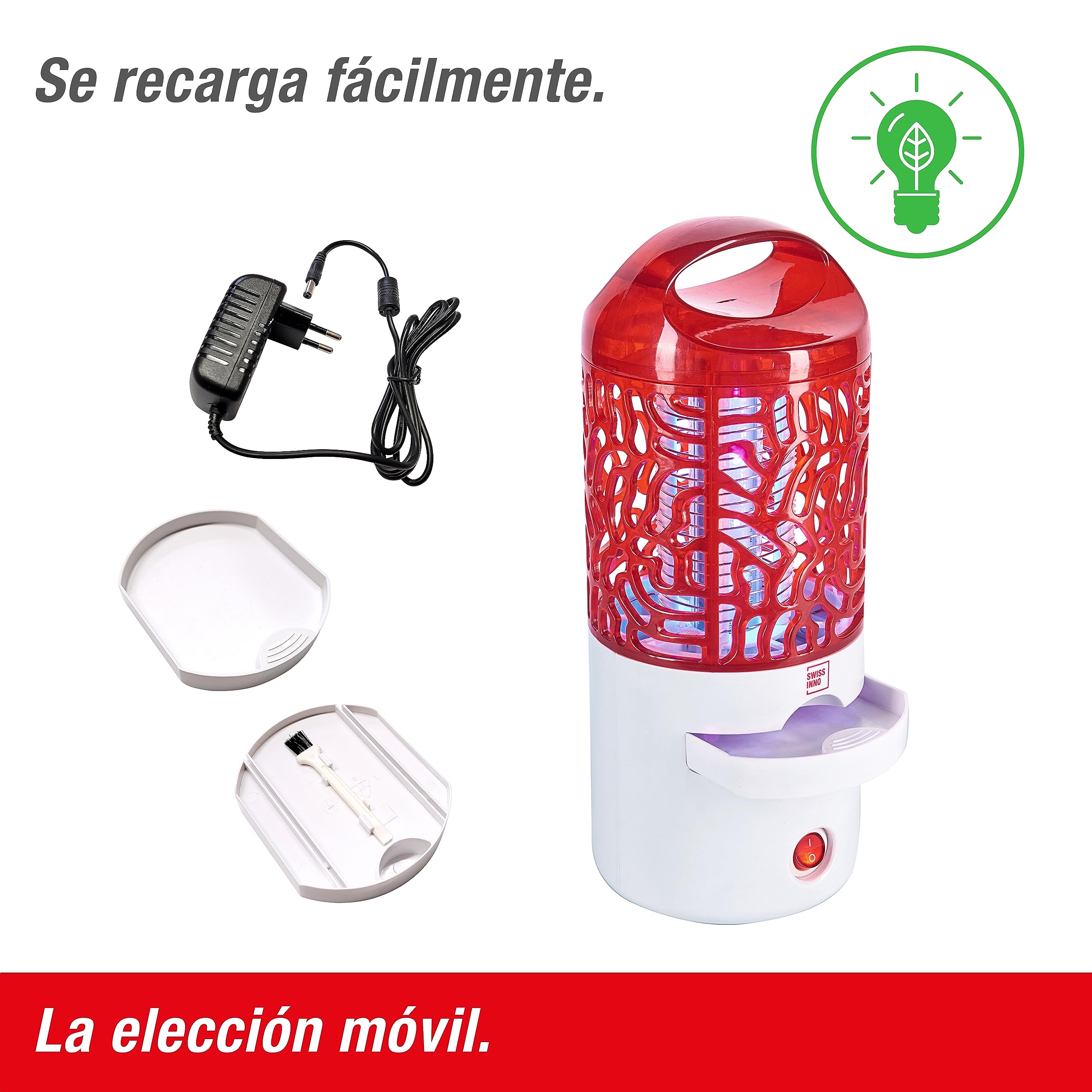 SWISSINNO Trampa móvil para Insectos LED de 4 vatios con batería Li-Ion - Recargable - Elegante - Robusta, Segura para niños + Mascotas, sin Veneno. Adecuada para Camping. 1x Trampa