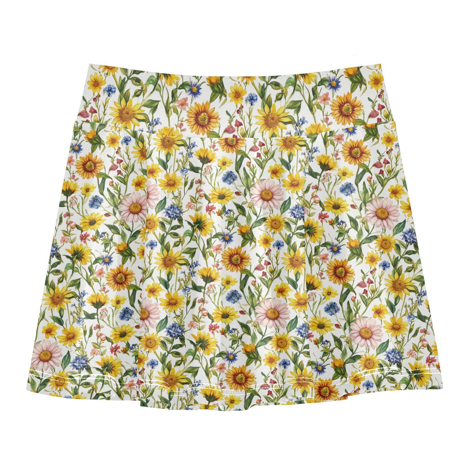Sunflower Flowy Athletic Skorts for Girls with Built in Shorts Cheer Skirt Kids Performance SkortsWith Pockets
