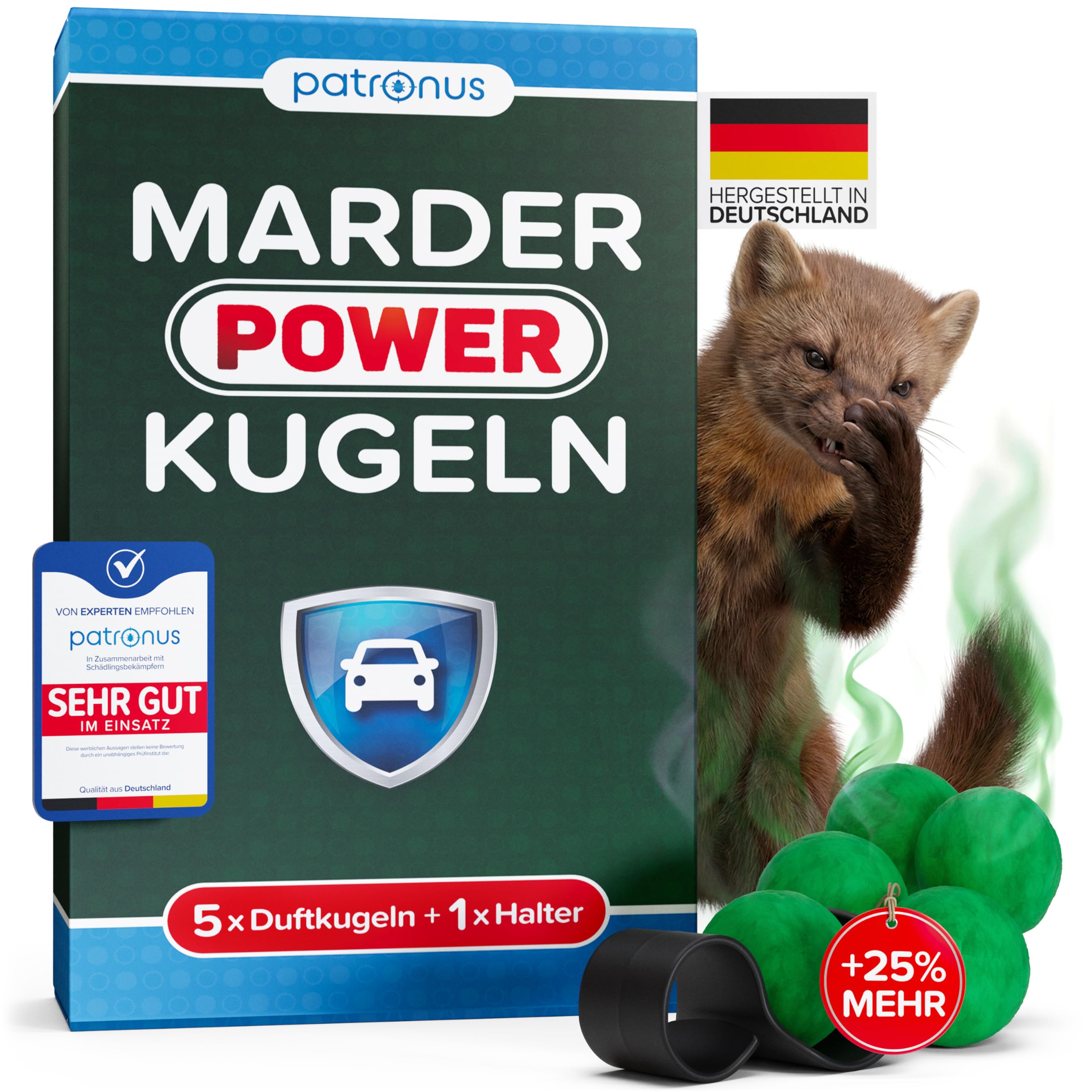 Marder Power Kugeln [5 Stück] für maximale Marderabwehr Auto - 6 Monate Marderschutz für Auto - effektive Marderschreck-Kugeln inkl. PKW-Halterung