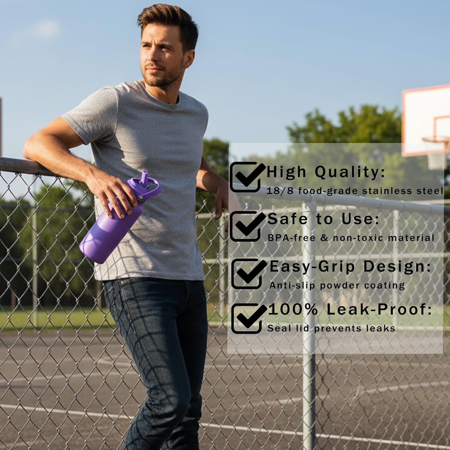 Purple 32 oz Insulated Water Bottle, Large Metal Stainless Steel Water Flask, Big Sports Travel Mens Water Bottle for Gym,Hiking,1 liters Leakproof Insulated Thermal Bottle with 2 Lids - Image 6