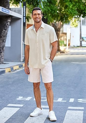 Miniatura 4 de Coofandy - Camisas casuales de lino para hombre, de manga corta, con botones, para verano y playa