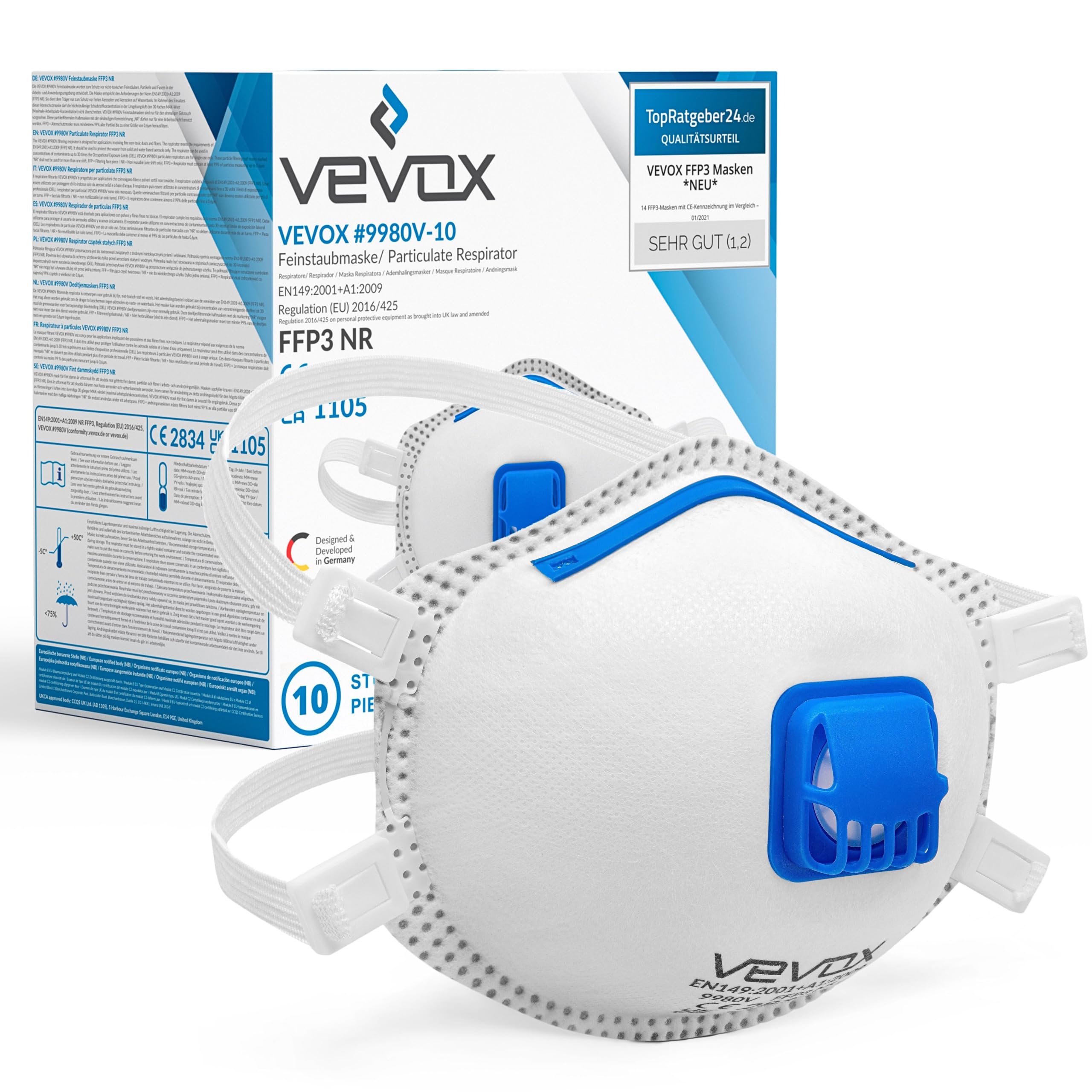 VEVOX® FFP3 masks - Box of 5, 10 or 20 - with comfort plus sealing - respirator face mask ffp3 with valve - valved facemasks - fine dust filter - maximum protection
