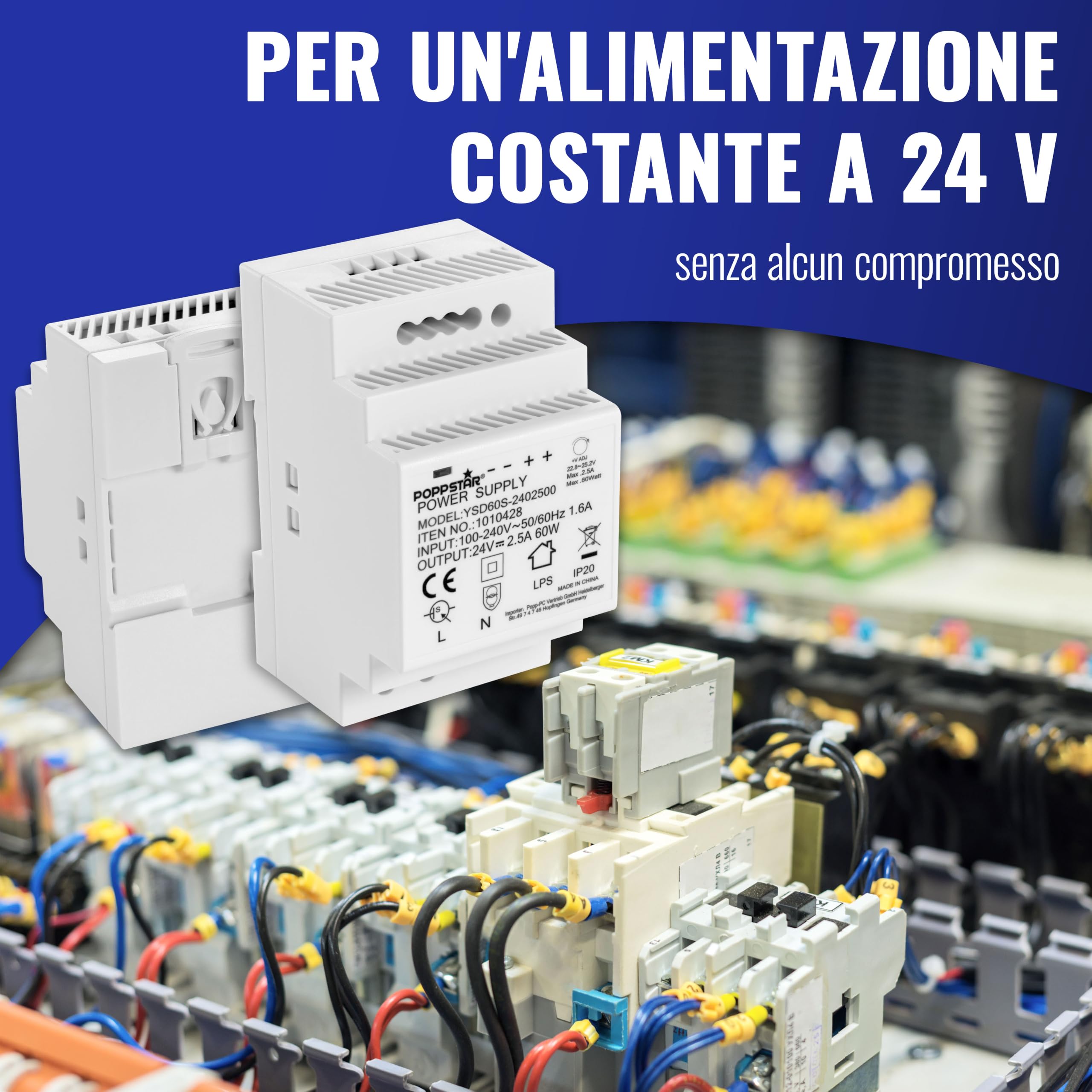 Poppstar Alimentatore per guida top-hat P-60-12- 24V DC 2, 5 A 60 W (Ingresso 100-240 V AC 50/60 Hz) Alimentatore per guida DIN Trasformatore 24 V per guide top hat 52,5 * 90 * 58mm