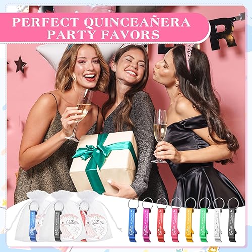 Miniatura 7 de Juego de 96 recuerdos de fiesta de cumpleaños de quinceañera de 15 años, incluye llavero, abrebotellas, etiquetas de agradecimiento, bolsas de