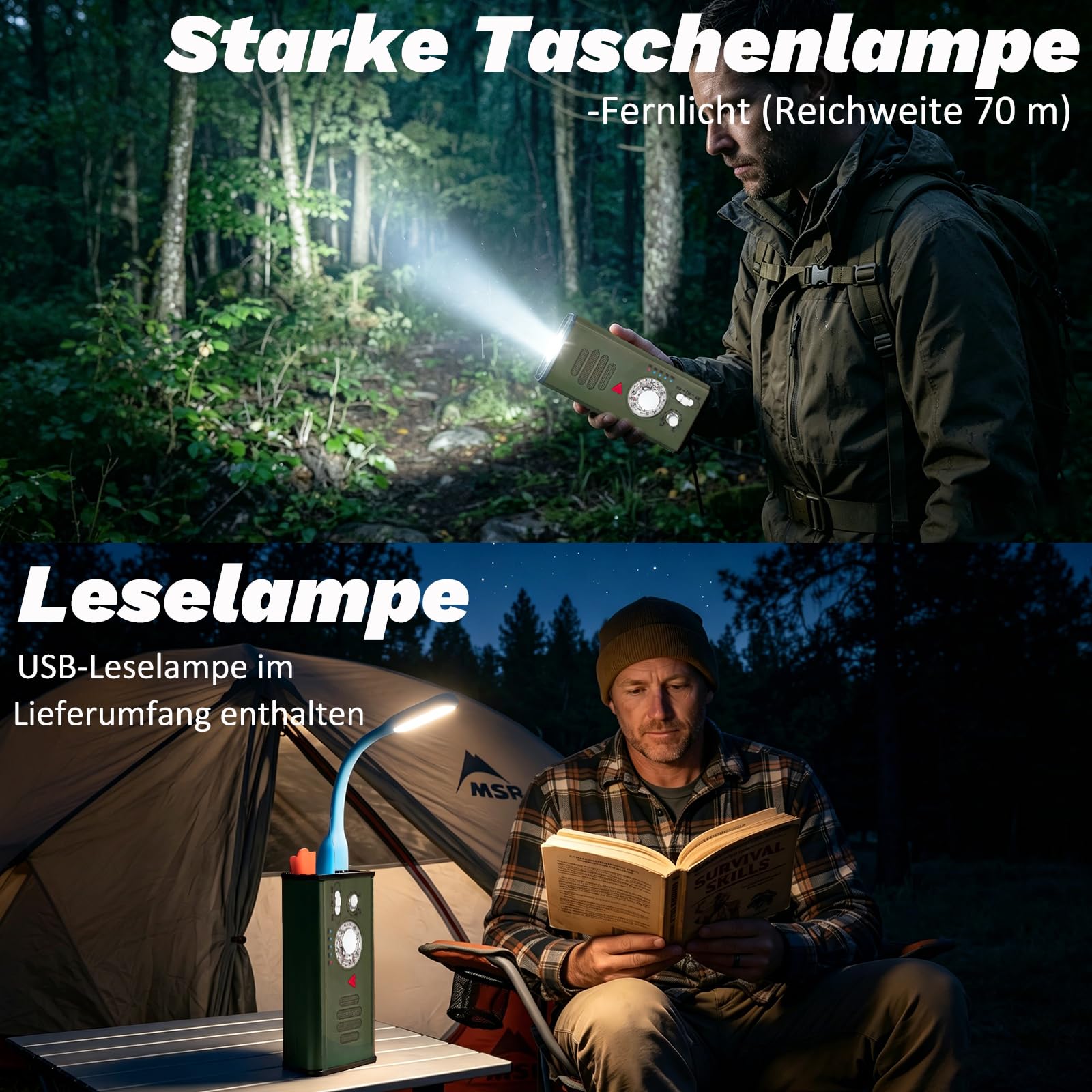 Notfallradio mit Kurbel, 4000mAh Powerbank Batterieradio, AM/FM/WB Weltempfaenger Kurbelradio mit Handyladefunktion, SOS-Alarm und LED-Taschenlampe, Notfallpaket Stromausfall Fuer Camping