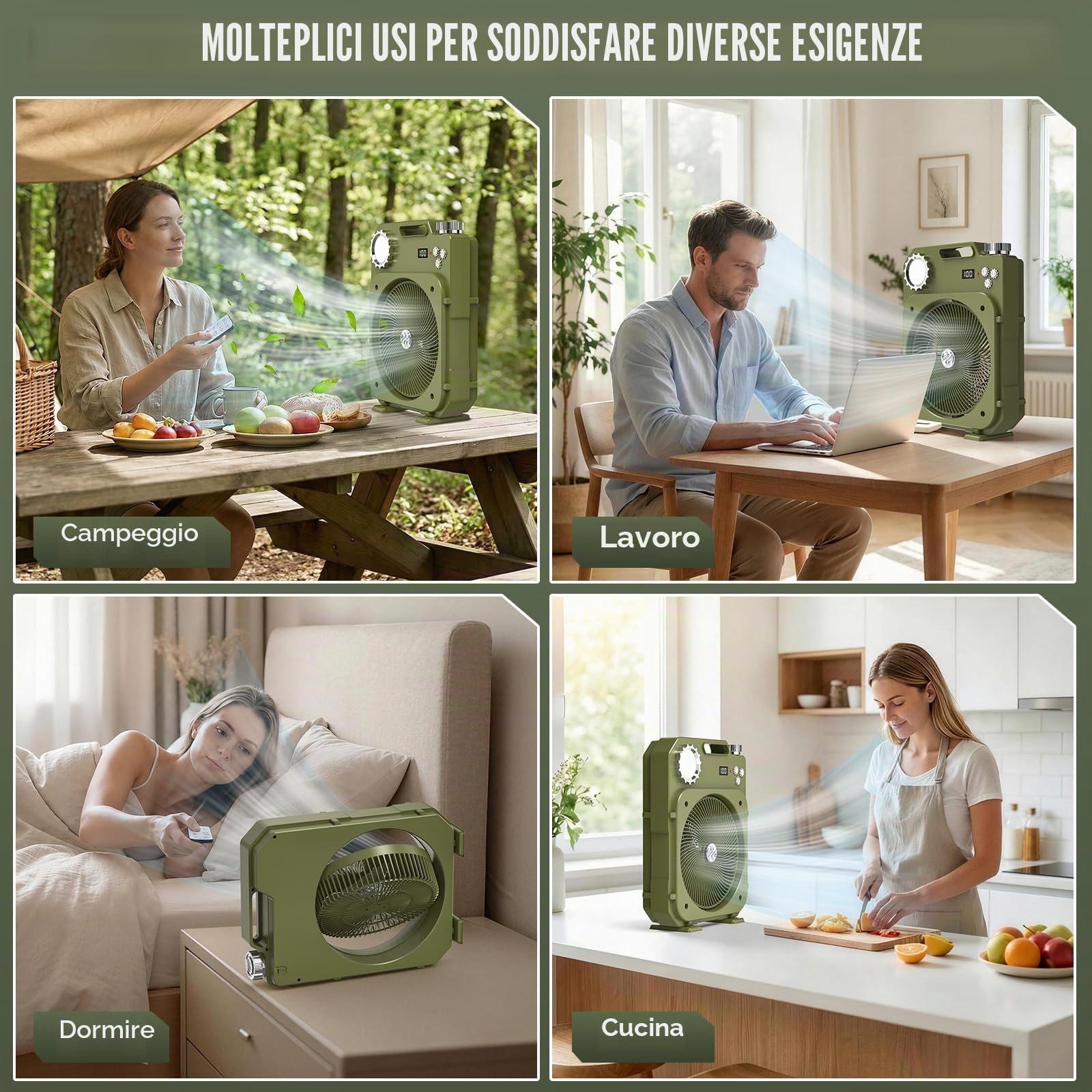 Ventilatore Campeggio con 4 Modalità di Illuminazione | Grande Batteria, Oscillazione Automatica, 100Velocità, Telecomando, Timer da 12 ore, Display Intelligente, Tenda, Viaggio