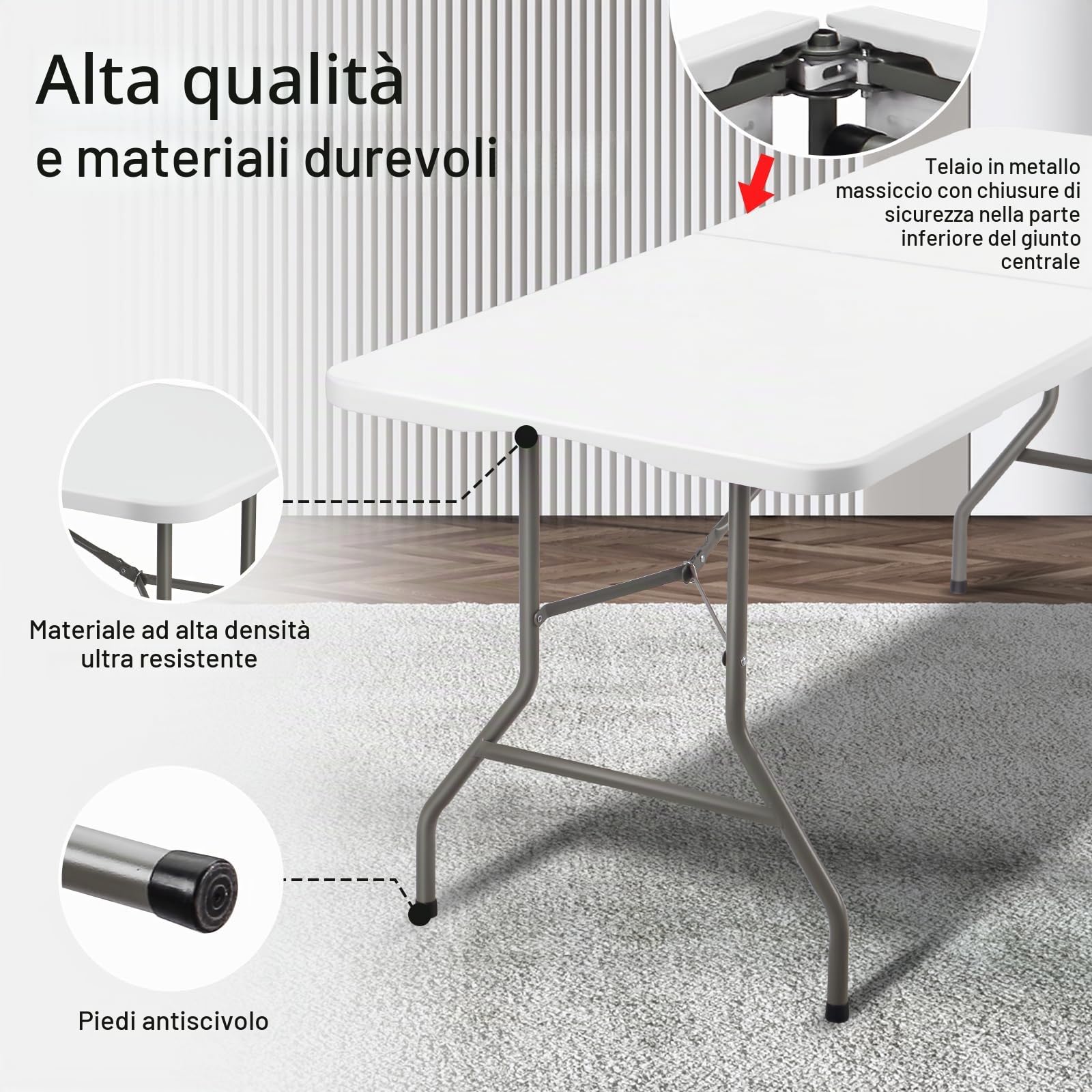 DEWINNER Tavolo Pieghevole 180x74x74 cm, massimo 150 kg, Materiale HDPE, 6 o 8 posti, Tavolo da giardino pieghevole Bianco portatile con serratura di sicurezza, Adatto per buffet, festival, campeggio