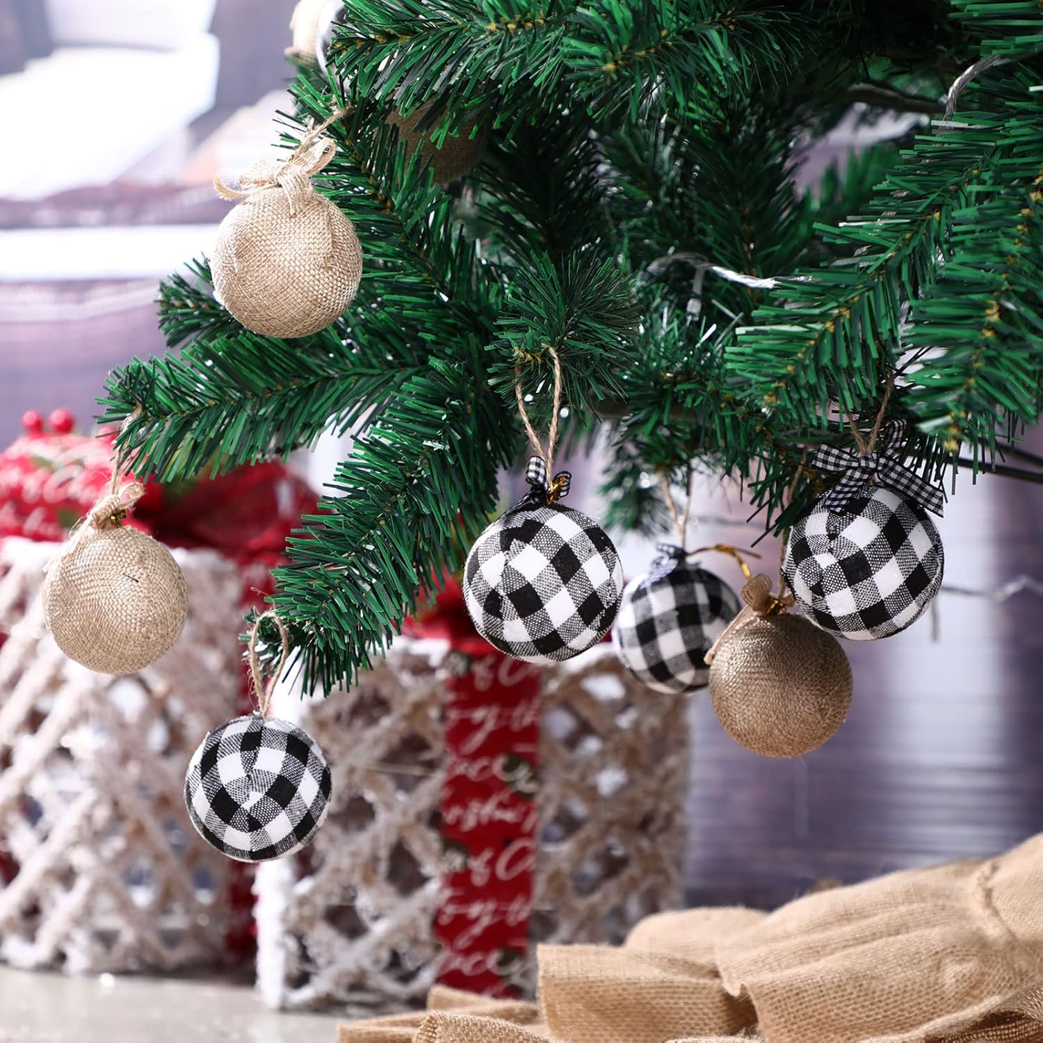 30 Pcs Christmas Tree Ornaments Decorations,18 Buffalo Plaid Burlap Farmhouse 2.4in Christmas Ball Ornament with 12 Mini Plaid Burlap Bows for Country Rustic Xmas Home Decor Indoor(White Black)