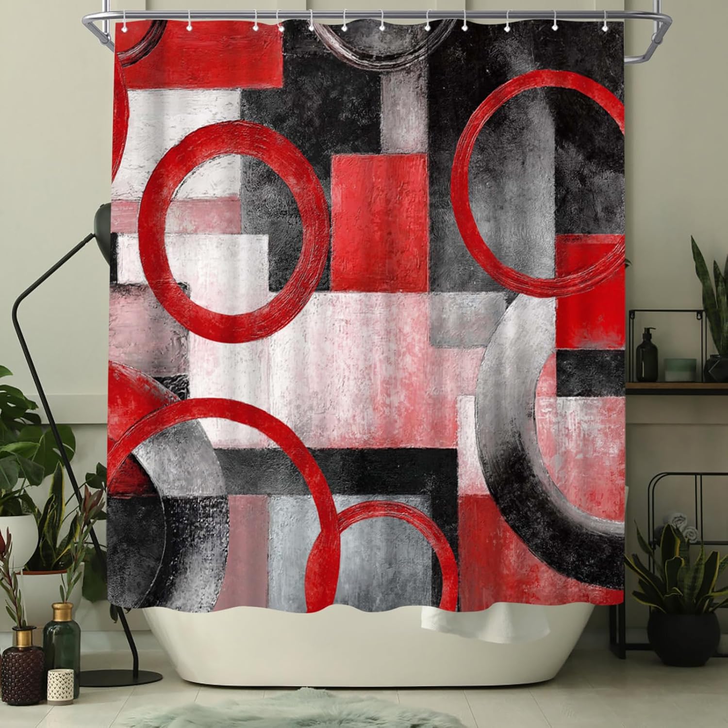 WELMECO Geometric Circle Shower Curtain, Polyester Fabric with Hooks, 72x72inch Abstract Bathroom Decor Shower Curtain (Red)