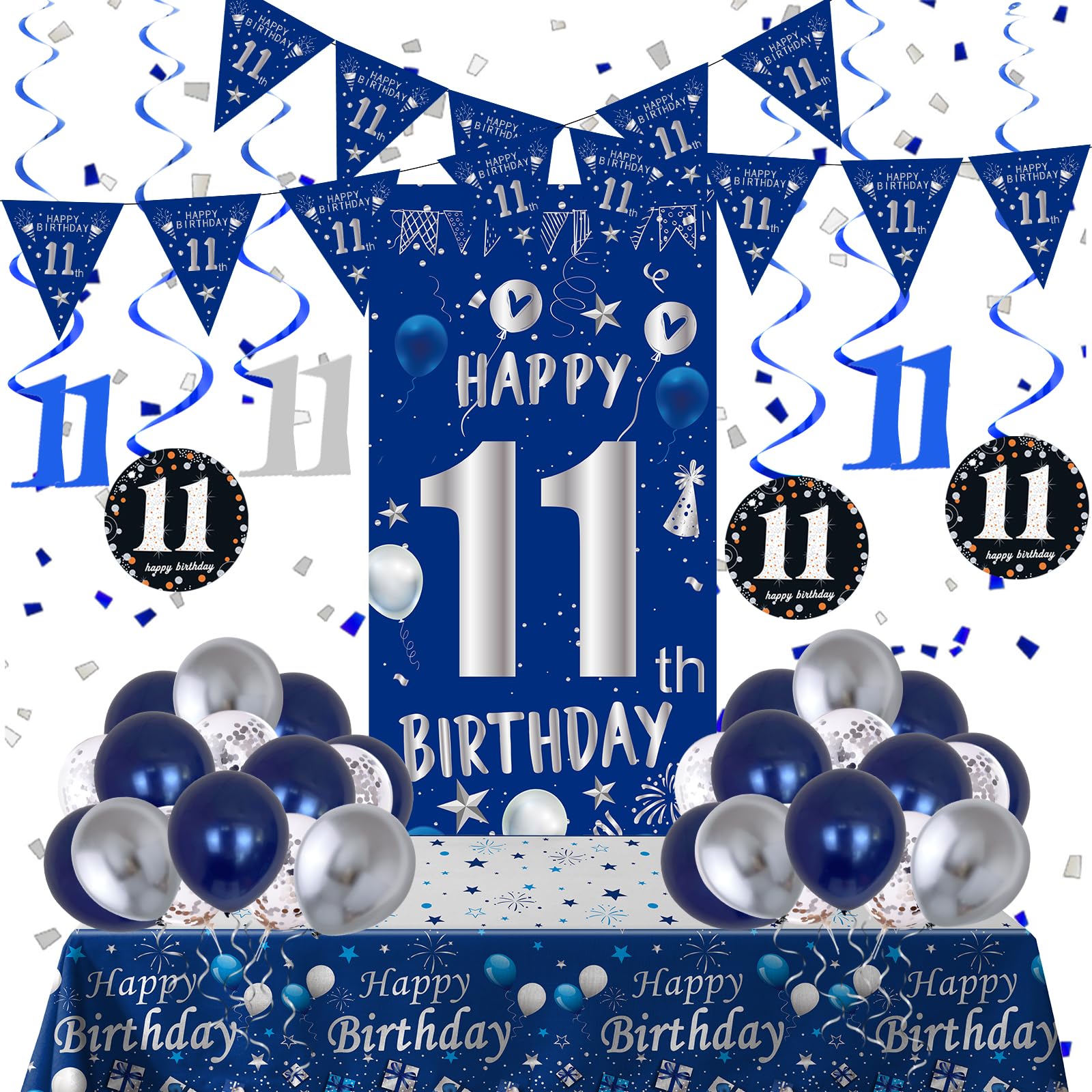 Decoraciones de cumpleaños número 11 para niños y niñas, juego de decoraciones de feliz cumpleaños número 11 azul y plateado con telón de fondo de 11 cumpleaños, mantel de globos, bandera triangular,