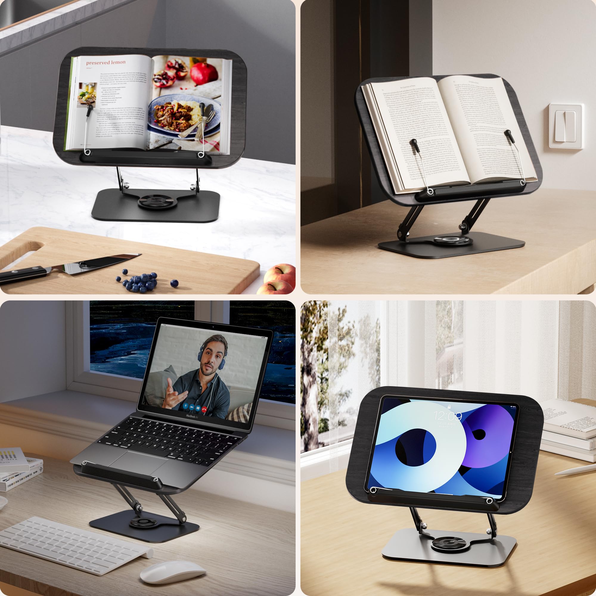 SupeDesk Soporte para libros para lectura, soporte ajustable con bases giratorias de 360°, diseños plegables y clips elásticos, soporte multifuncional para recetas, libros de cocina, revistas,
