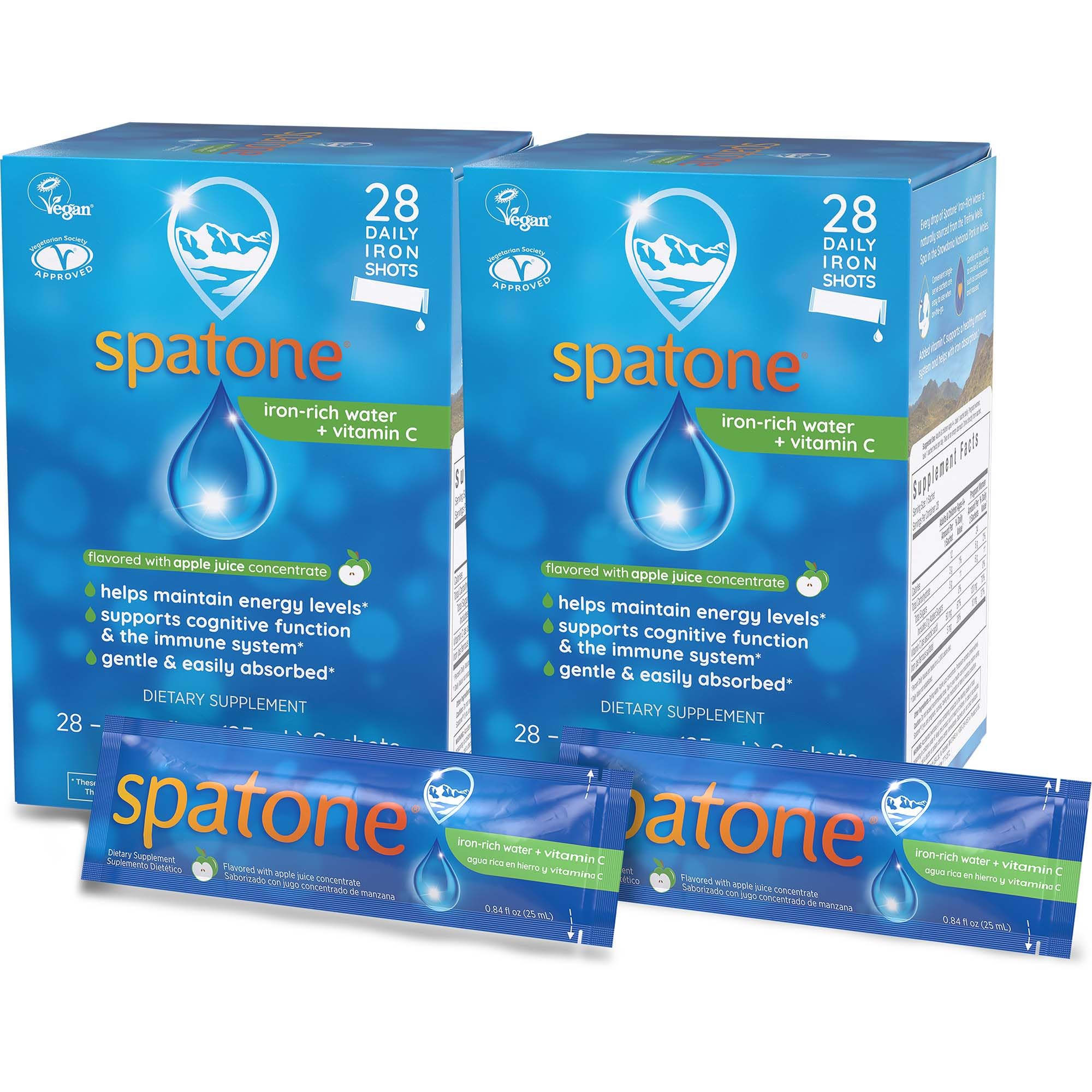 SpatoneNatural Liquid Iron Supplement Plus VIT C for Women - 2 Pack - Men & Kids Ages 4+ - Ideal During Pregnancy - Easily Absorbed & Gentle - Vegan - Apple Flavor - 5mg of Iron Per 20mL Sachet