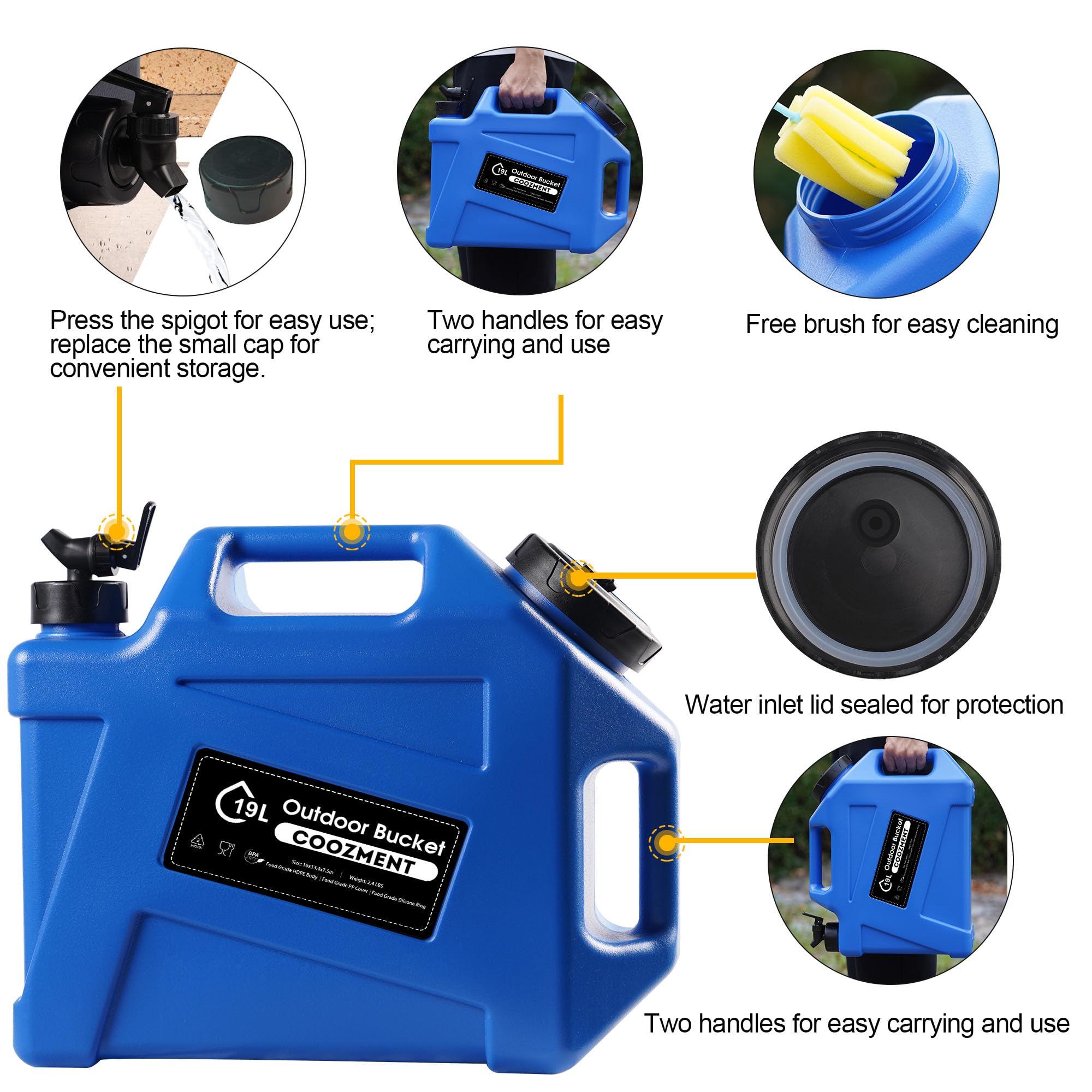 COOZMENT Récipients d'eau portables de 19 l avec robinet, carafe d'eau sans BPA, réservoir d'eau bleu, récipients de stockage d'eau multifonctions pour le camping, la randonnée, les accidents
