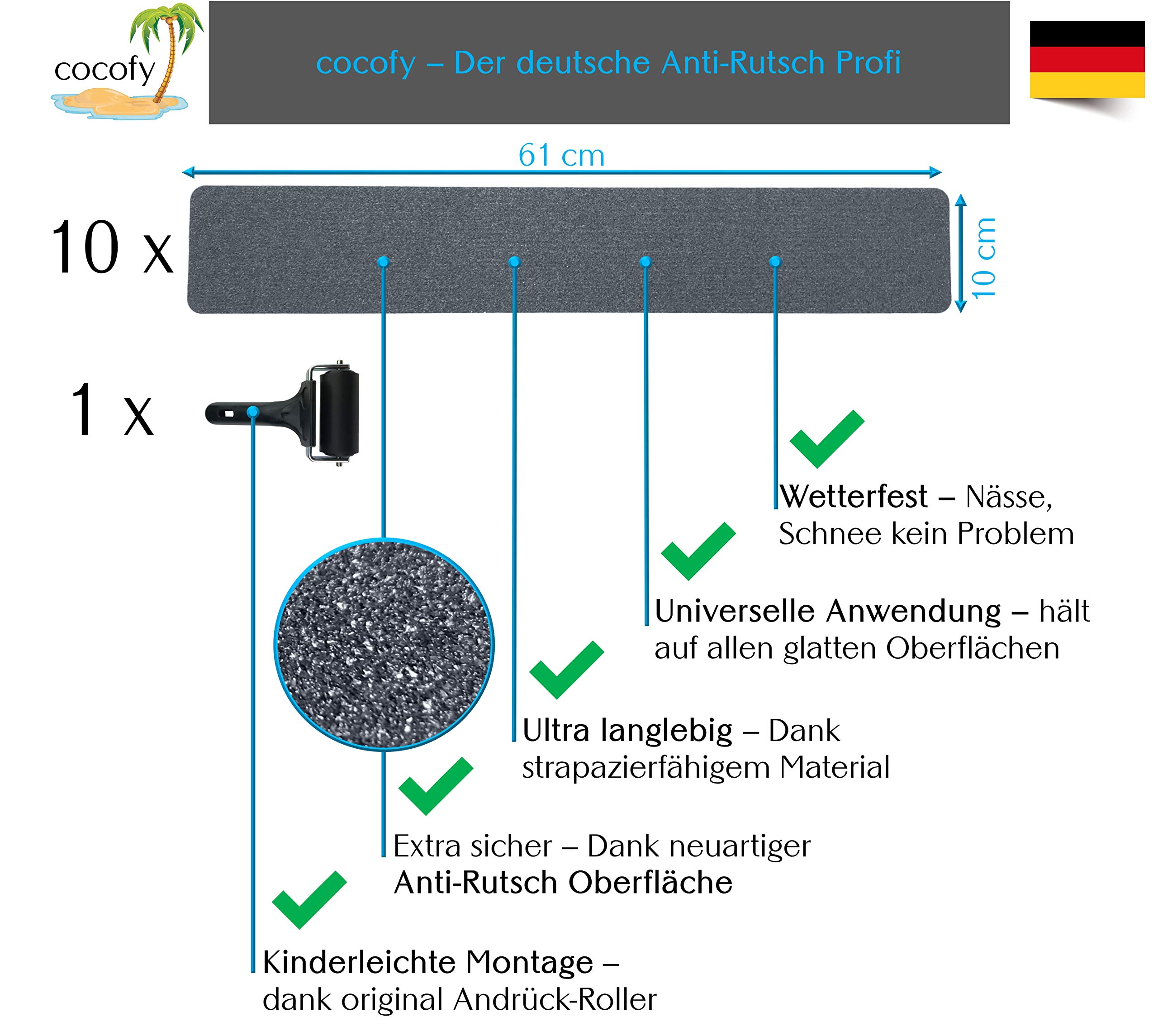 Anti-Rutsch-Streifen für Treppen außen & innen | 10-Pack 61x10 grau