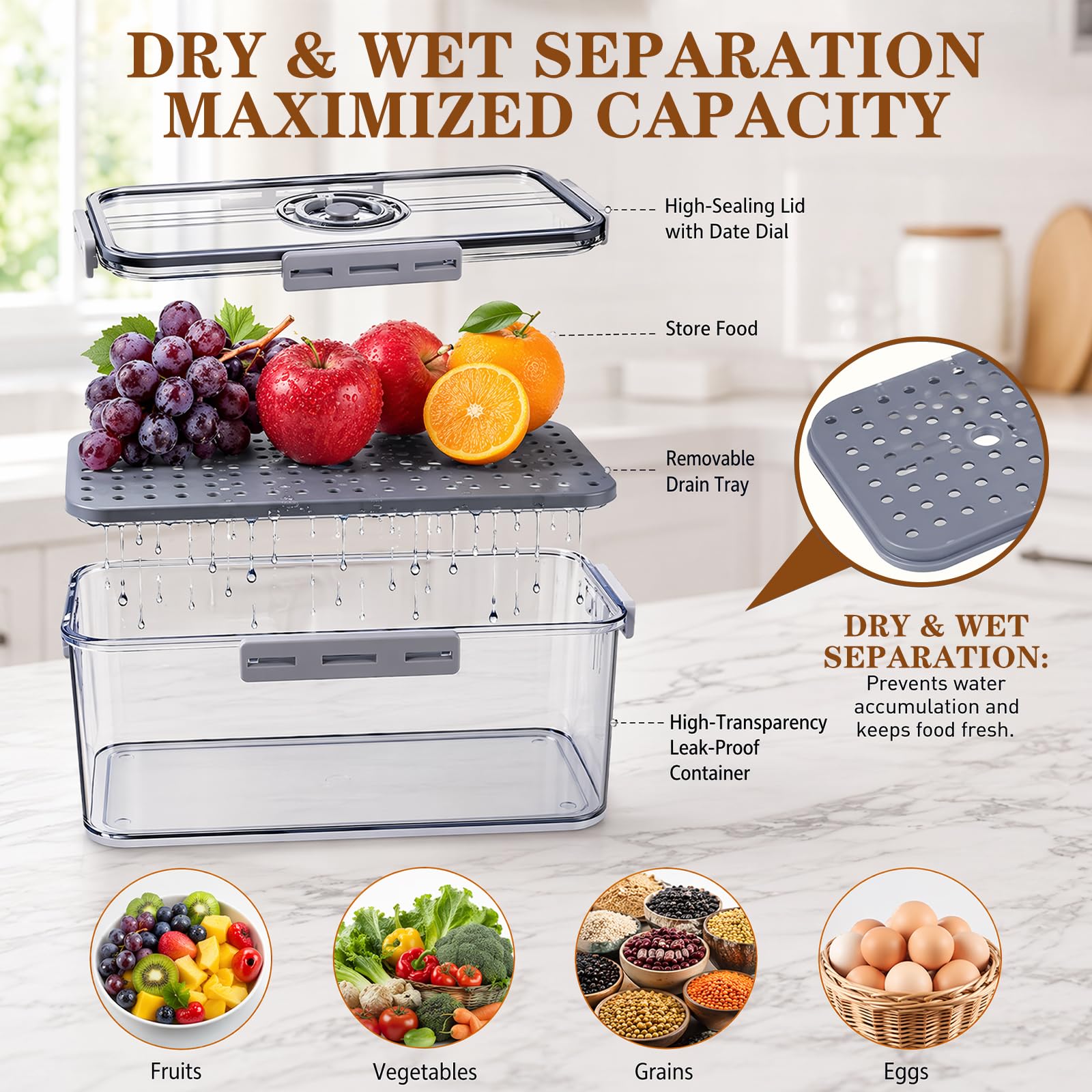 Contenitore Ermetico per Pane Frutta e Verdura, Scatola Conservazione con Vaso Drenante Interno, Design Trasparente con Indicatore Data, Plastica Alimentare per Frigorifero