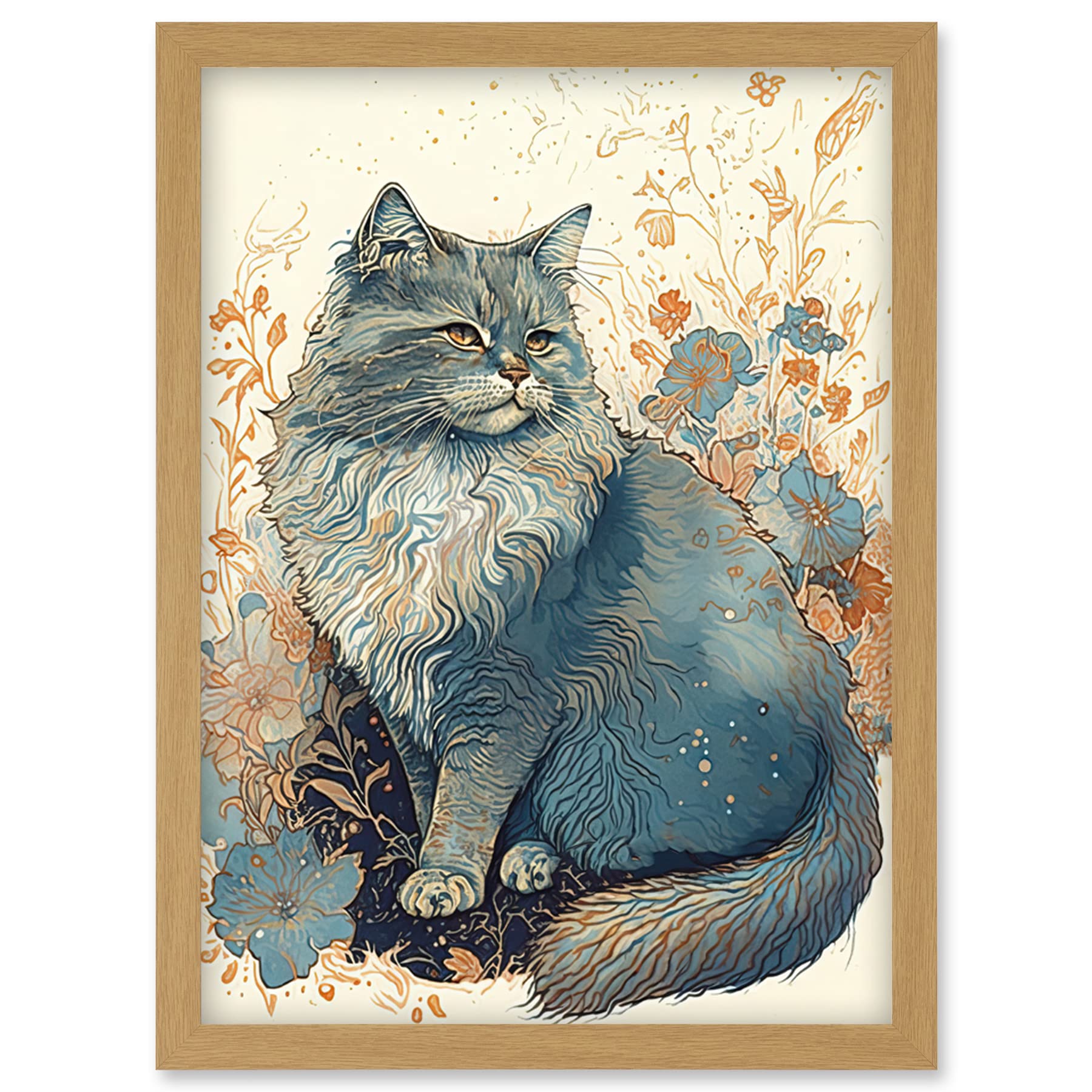 Artery8 Fluffy Cat in Wildflowers Teal and Orange Watercolour Illustration Artwork Framed Wall Art Print A4