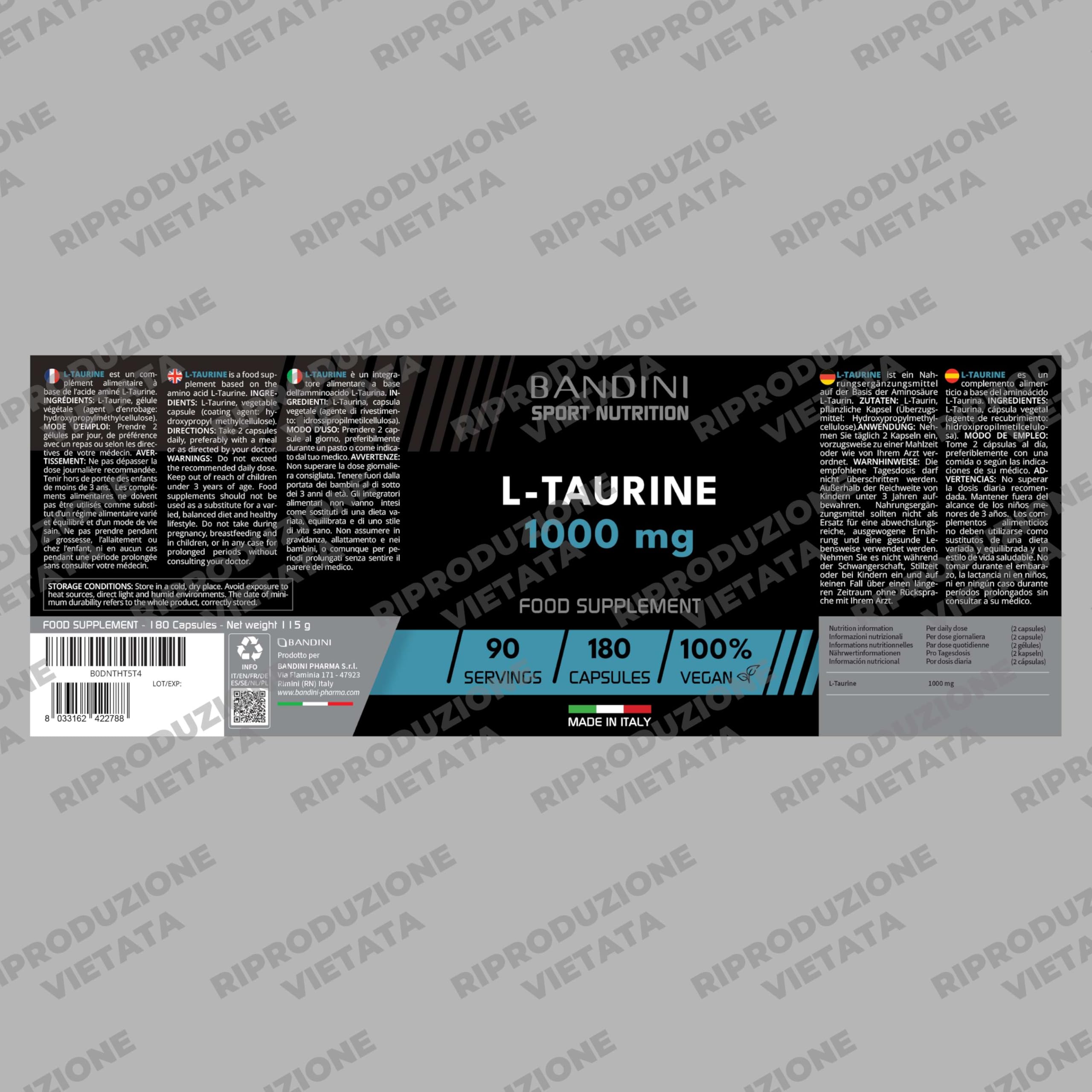 Bandini® Taurina Integratore 1.000mg per Dose, 180 Capsule, Taurine Pura Polvere Vegan Alto Dosaggio (3 Mesi), Aminoacidi Essenziali Pre/Post Workout, L-Taurina 1000 mg, Senza Magnesio Stearato