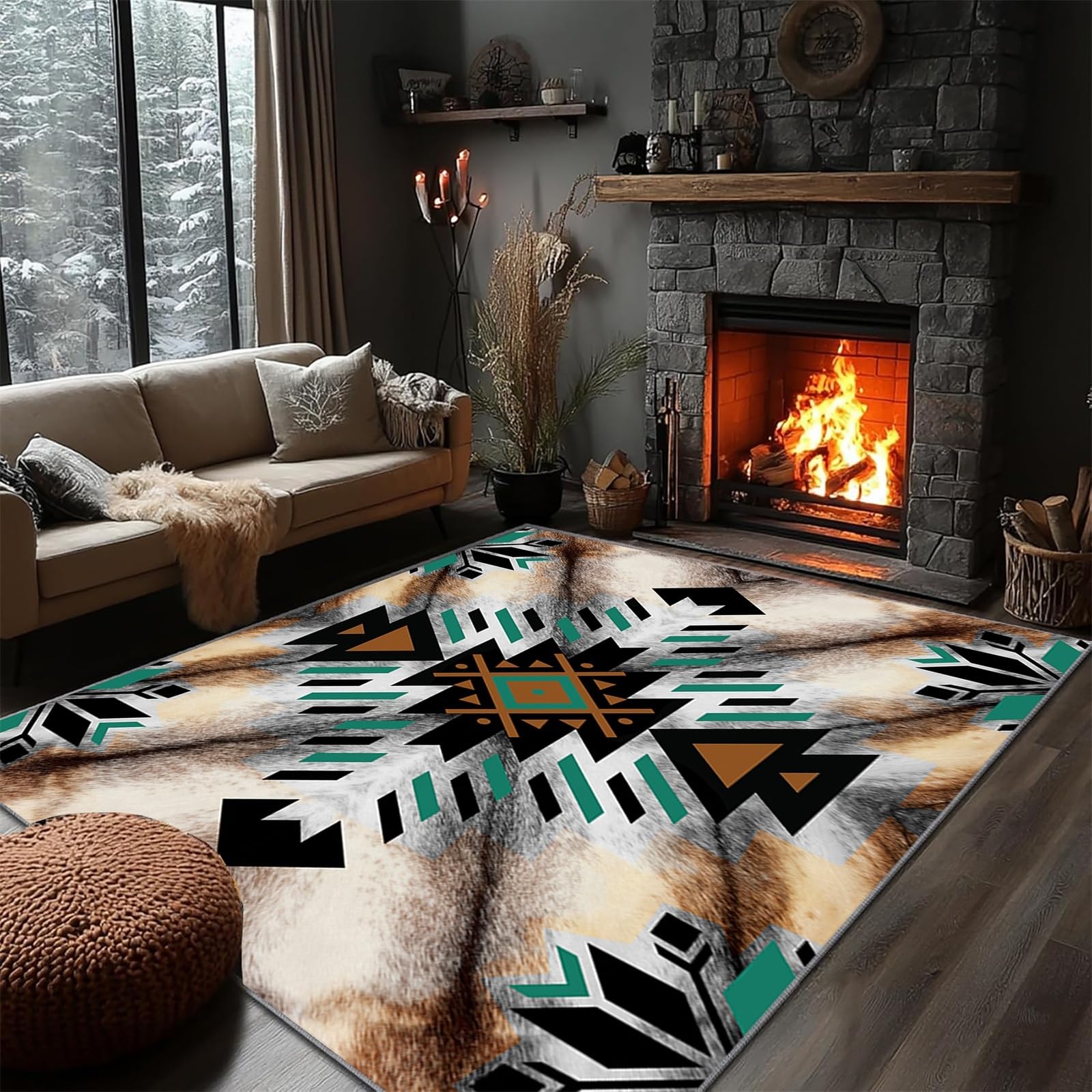 YJDRUG Tribal Area Rugs 160x230cm, Native American Aztec Southwestern Design Rug, Washable Non-Slip Soft Large Carpet for Living Room, Bedroom & Home Decor