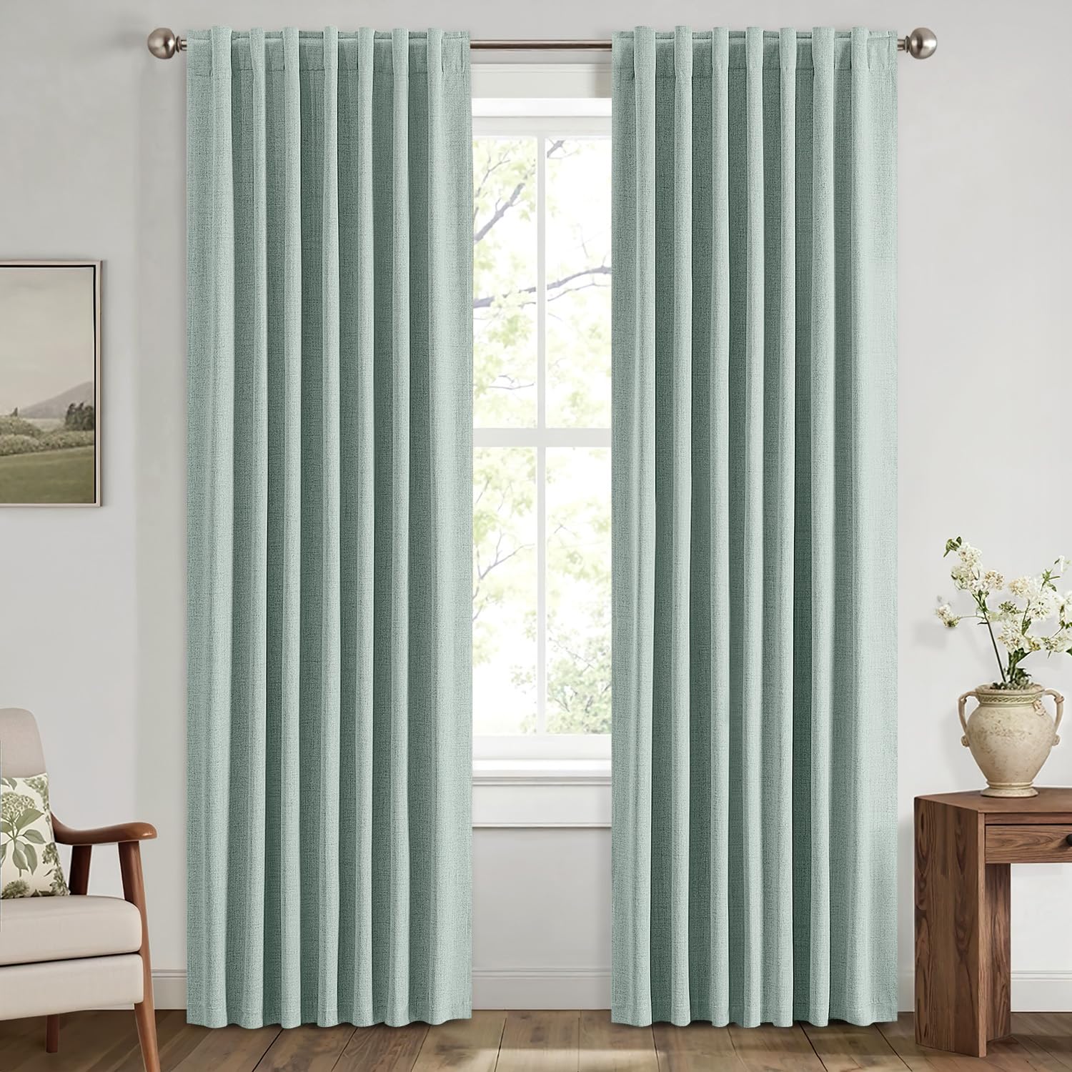 MIULEE 100% Blackout Linen Curtains for Bedroom, Seafoam Green Solid Luxury Decor Thermal Insulation Room Darkening Drapes for Living Room Nursery Back Tab Rod Pocket 42 x 84 Inches, 2 Panels