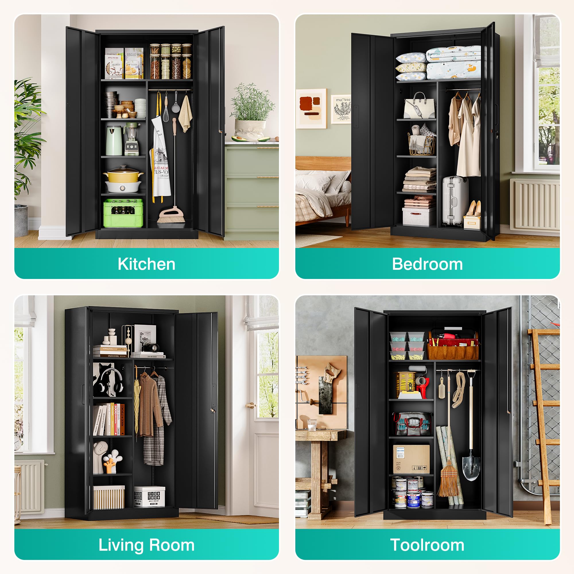 Best Garage Cabinets 2026: 5 Storage Picks Compared 1 SISESOL Wide & Deep Metal Storage Cabinet with Hanging Rod,Black Broom Closet St — product photo