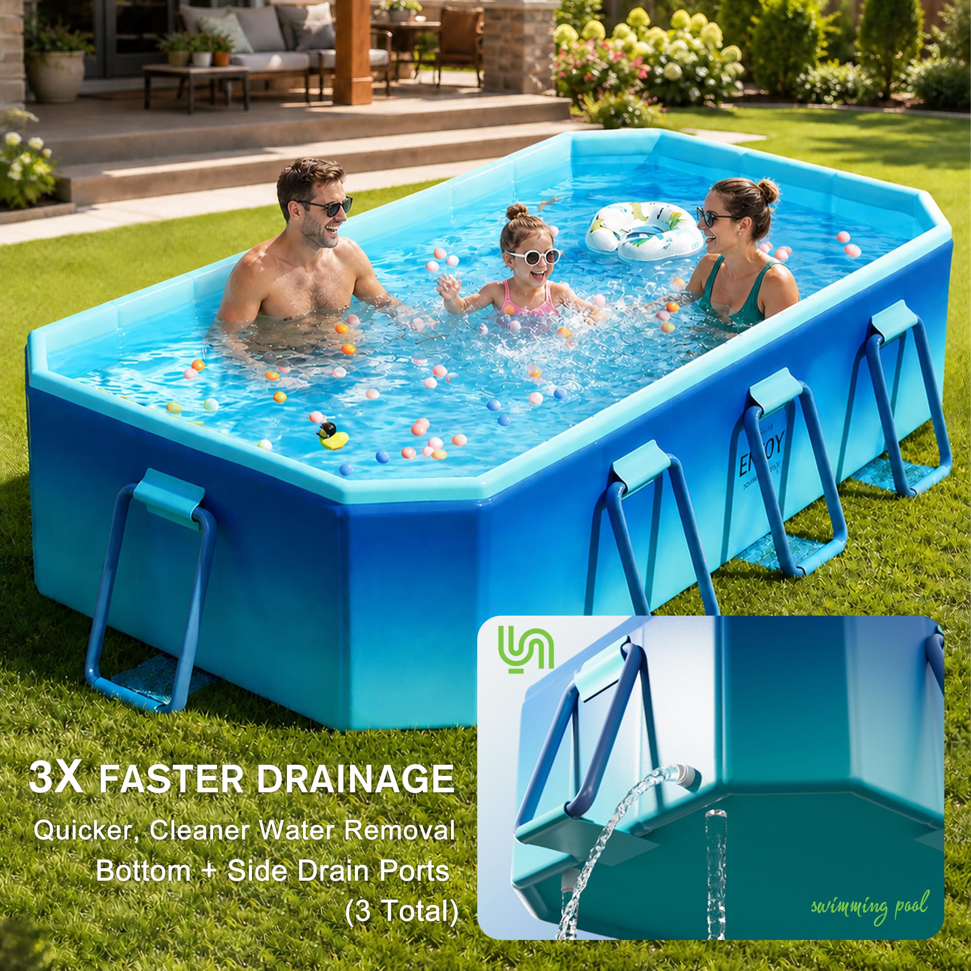 Faltbarer Pool, nicht aufblasbarer Swimmingpool für Kinder, Erwachsene und Haustiere, großer faltbarer Pool mit stabilen Metallhalterungen, geeignet für Hinterhof-Gärten im Freien, 294,6 x
