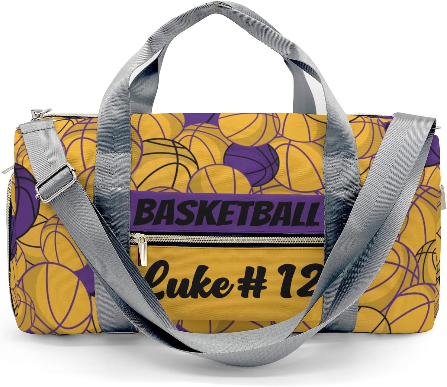 Personalized Purple Gold Basketball Sports Duffle Bag (Can Store Shoes) with Name for Women Man Custom Travel Perform Training Bag