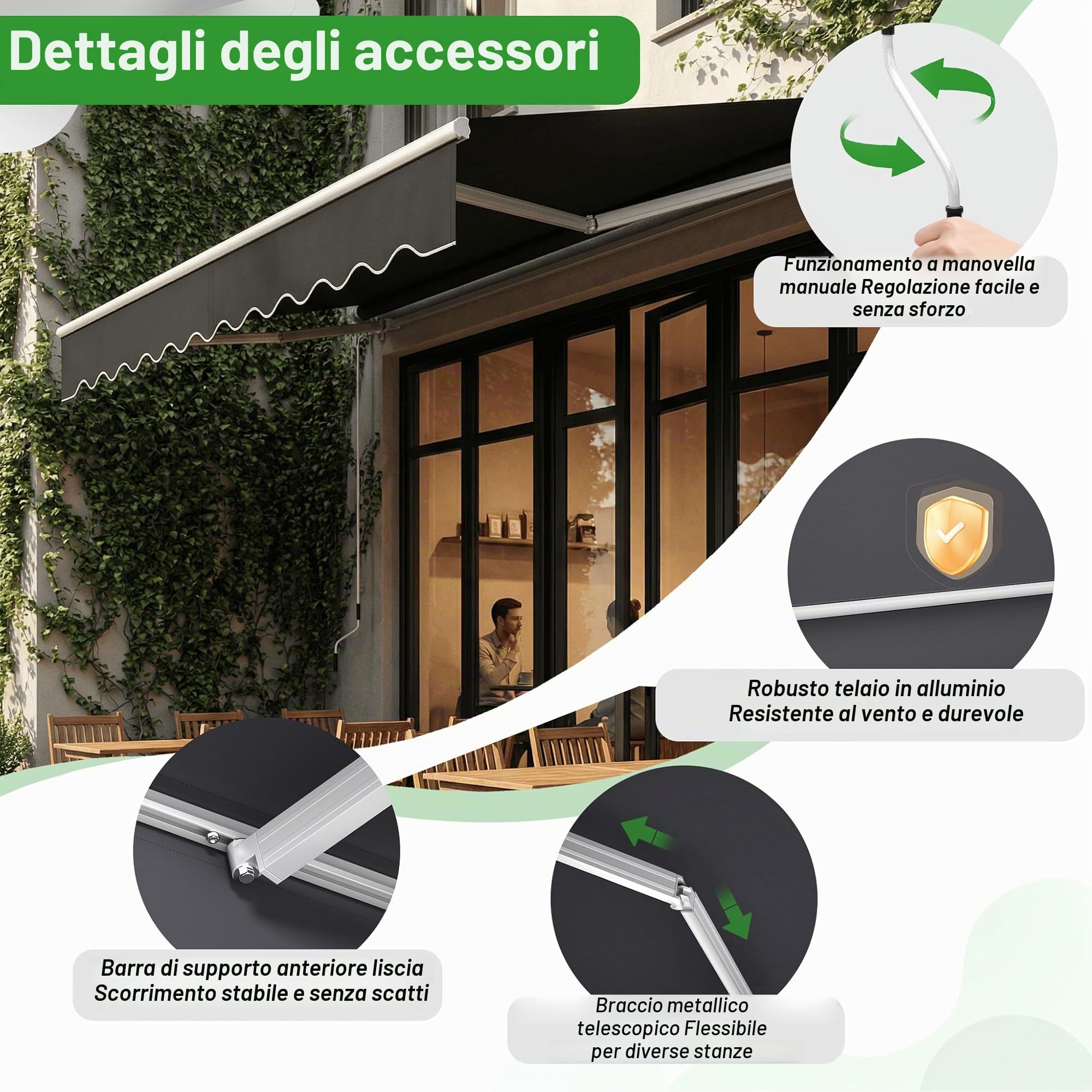 HENGMEI Tenda da sole per balcone, con braccio snodato, 360 x 300 cm, con manovella, protezione solare per cortili, balconi, grigio