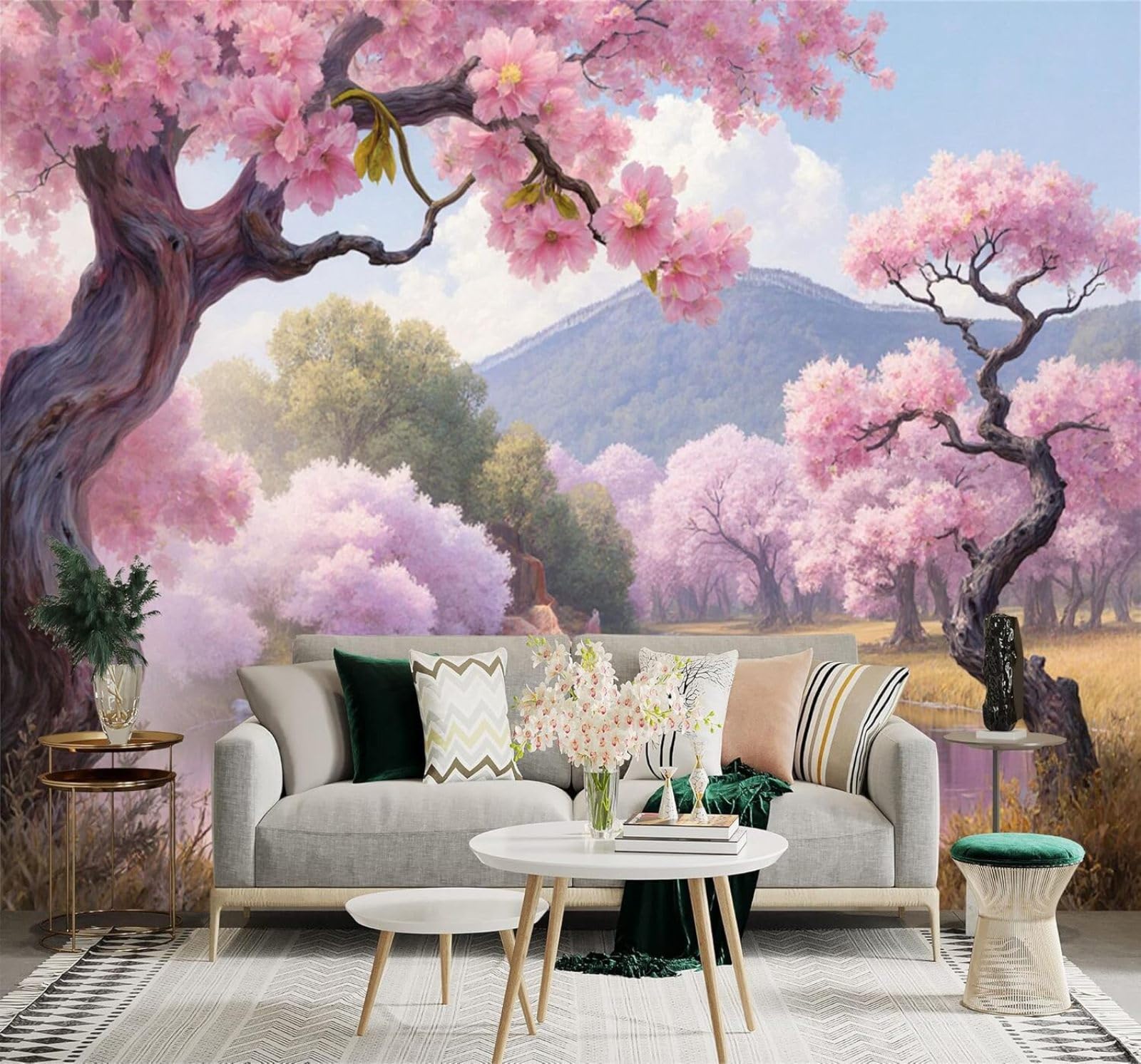 XLMING River Pink Cherry Blossom Trees Mountains Beautiful Spring Scenery 3D Wallpaper Premium Textured Silk Study Dining Living Room Bedroom Sofa TV Wall Easy Install-300cm×210cm
