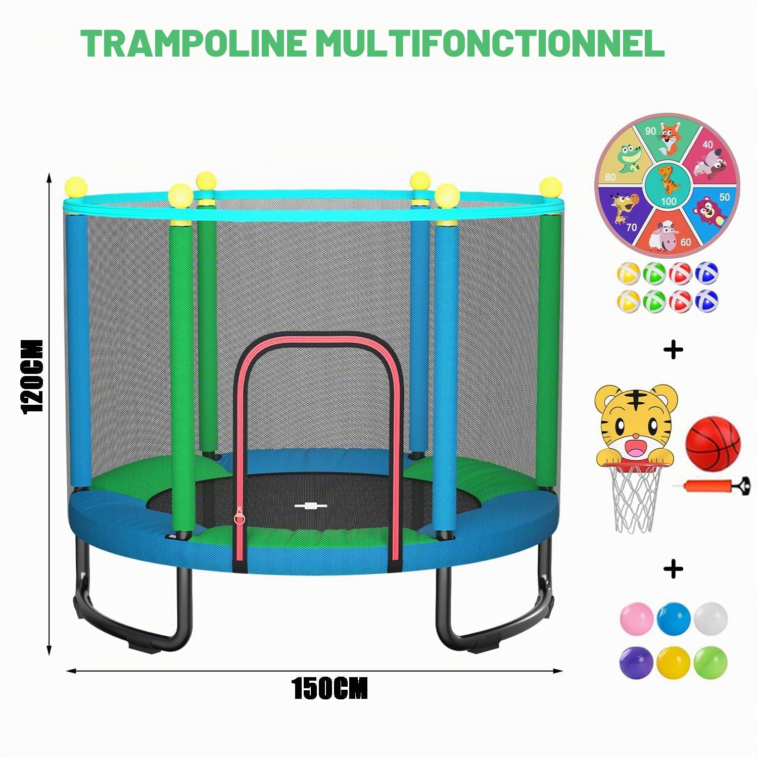 Trampoline pour Enfants 150 cm intérieur/extérieur – avec Filet de sécurité, Panier de Basket et Accessoires de Jeu. Cadeau d'anniversaire et de Noël pour garçons et Filles