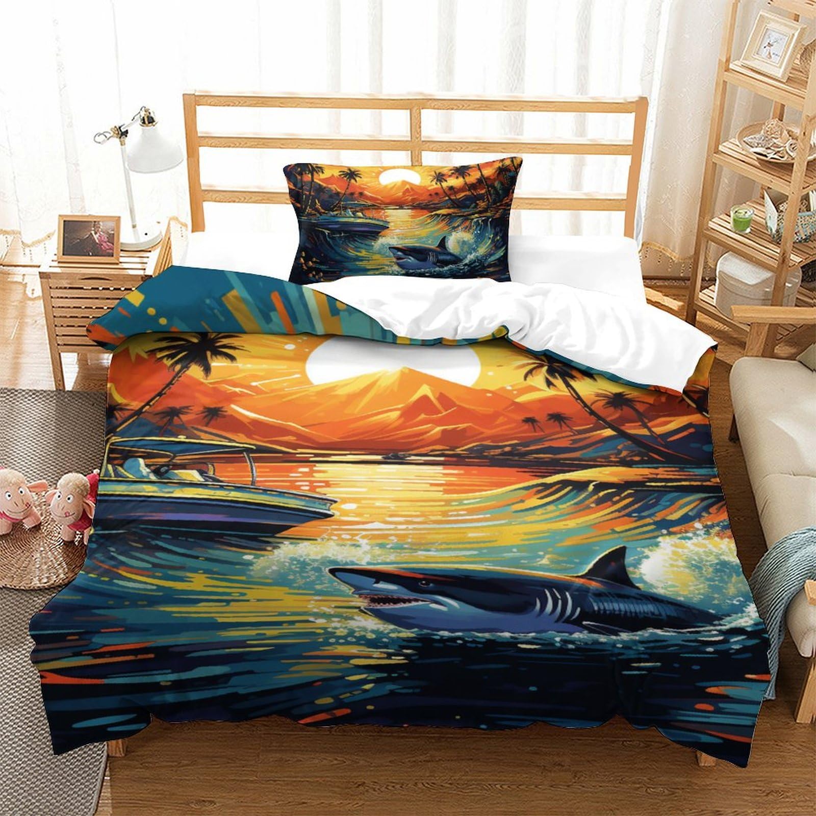 Housse de couette requin pour chambre d'ado motif océanique en 3D