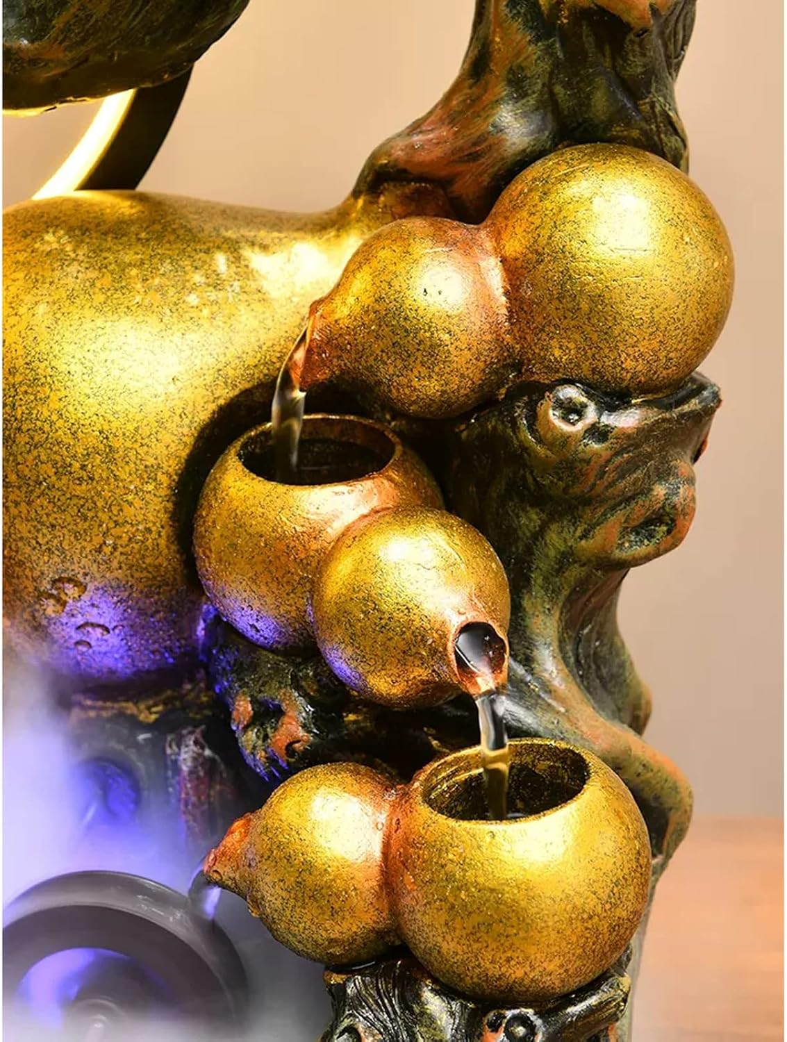 Tabletop Fountains Tabletop Water Fountain Resin Relaxation Meditation Fountain Desktop Fountain with Golden Gourd and Artificial Bonsai Design, Indoor Waterfall Feature for Home Office Decor Relaxati