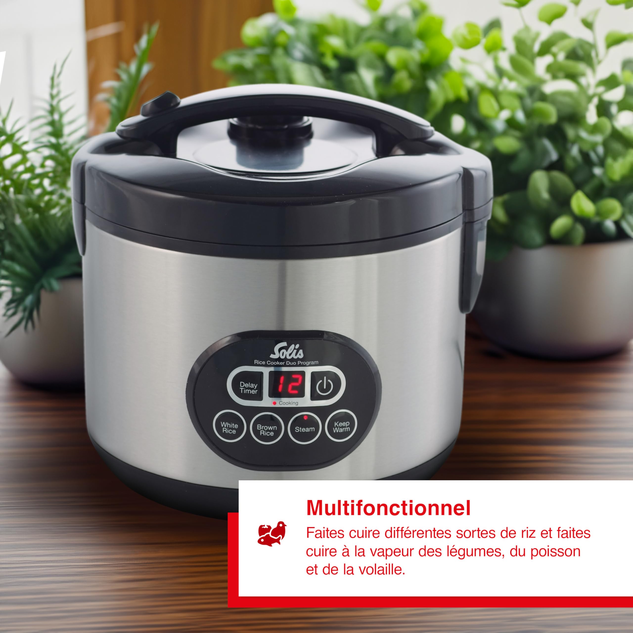 Solis Rice Cooker Duo Program Cuiseur à riz et cuiseur vapeur pour 6 tasses de riz – Convient également pour sushi riz – Minuteur – Fonction maintien au chaud – Avec verre doseur + louche – 1,2 l