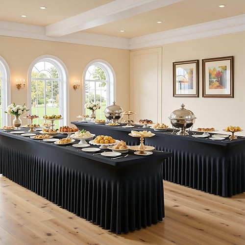 Miniatura 4 de Htper Paquete de 6 manteles de elastano negro para mesas rectangulares de 8 pies, manteles elásticos de 8 pies con falda para fiestas, bodas,