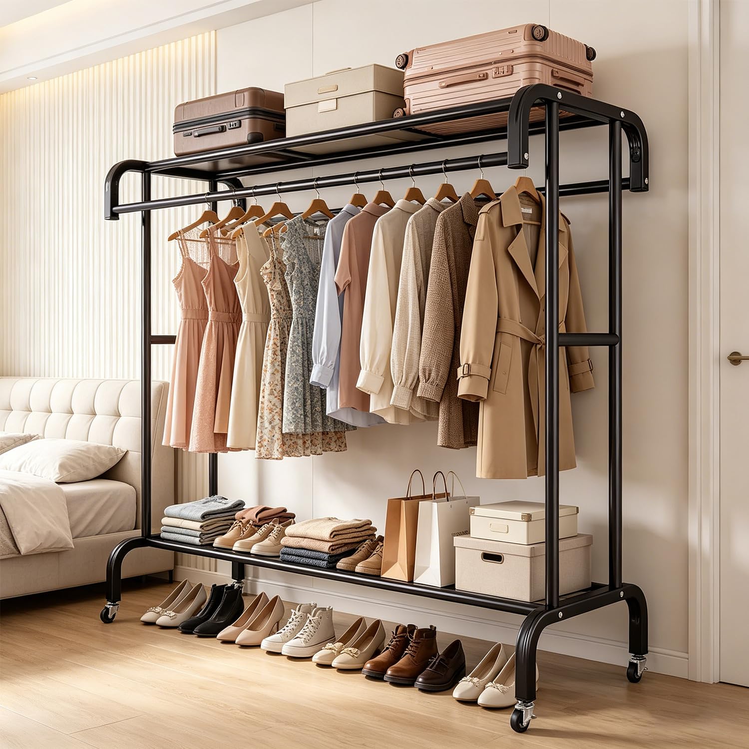 Perchero para Ropa con Ruedas,Armario Abierto Metálico de Doble Barra y 150 cm,Rack Organizador de Ropa,Calzado y Accesorios con Freno,Carga 50kg,Tendedero multifuncional y duradero (Negro 120 cm)